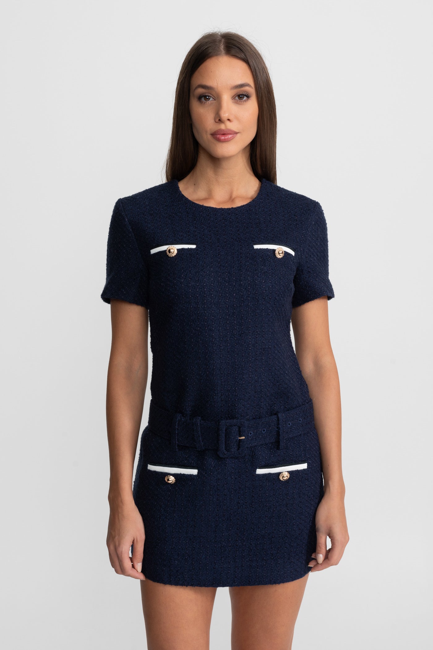 Belted Tweed Mini Dress with Contrast Pockets - Navy