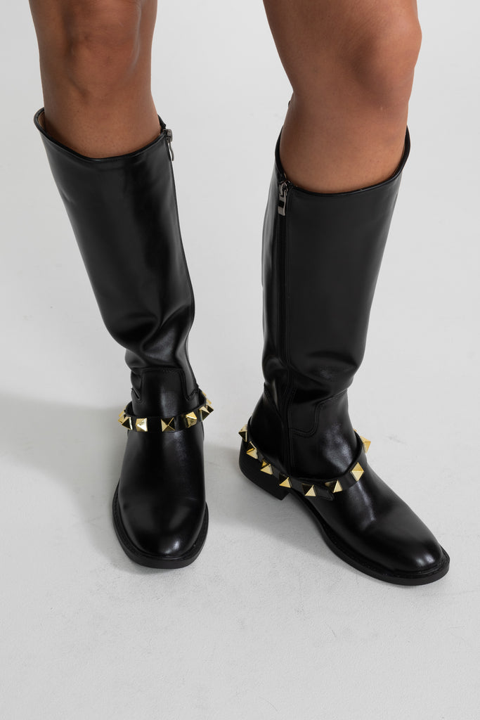 Knee-High Boots With Gold Stud Strap – Black