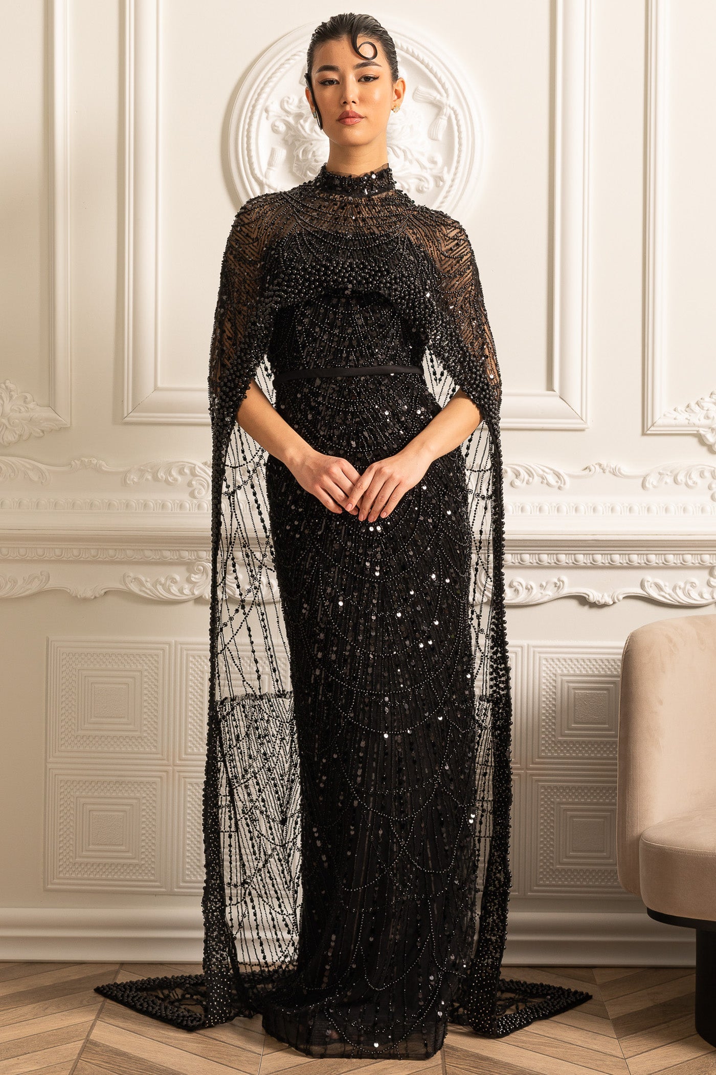 Glamourous Beaded Gown With Detachable Veil - Black