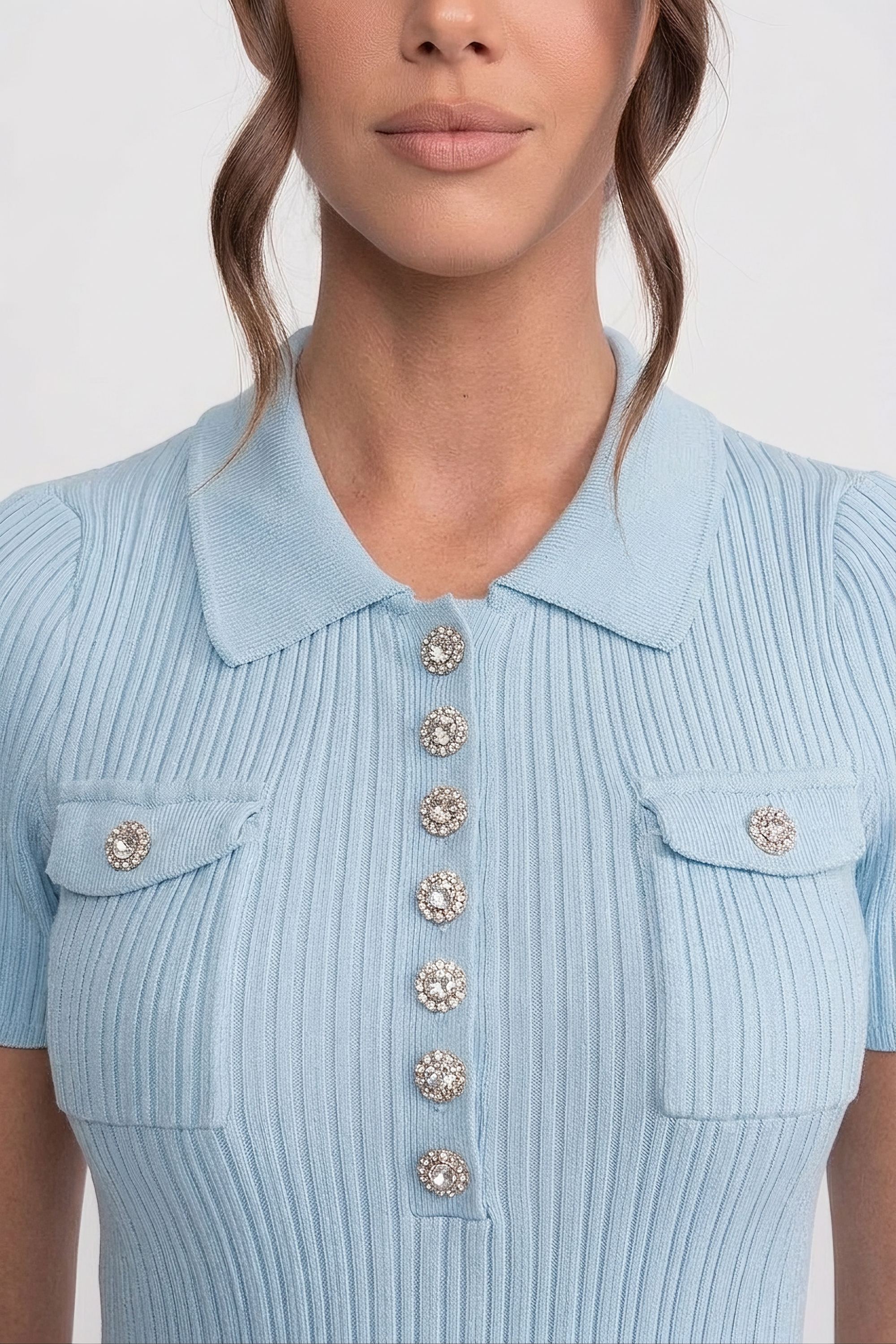 Rochie mini tricotată cu textură rib și închidere cu nasturi în față - Baby Blue 