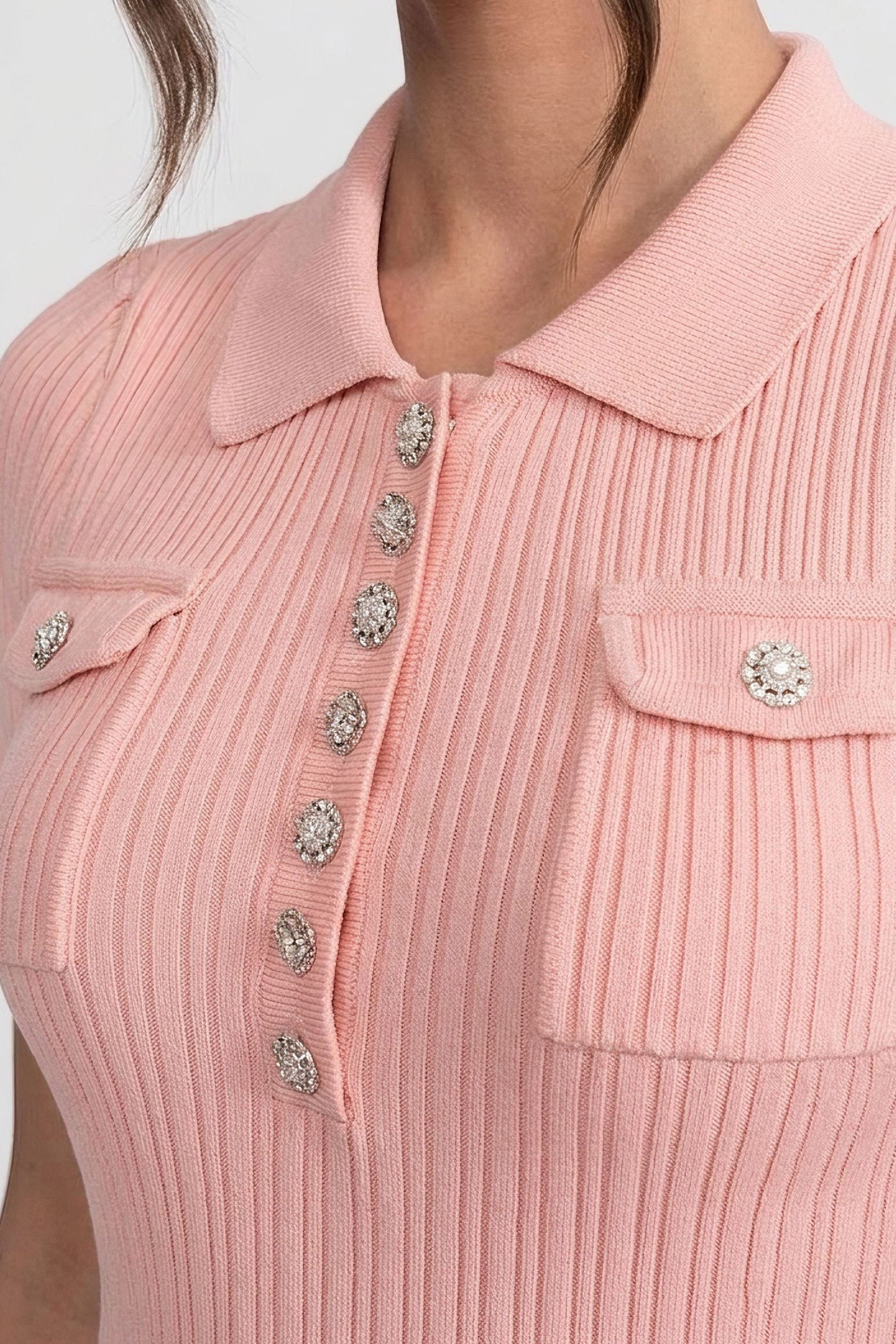 Rochie mini tricotată cu nervuri și nasturi în față - Peach 
