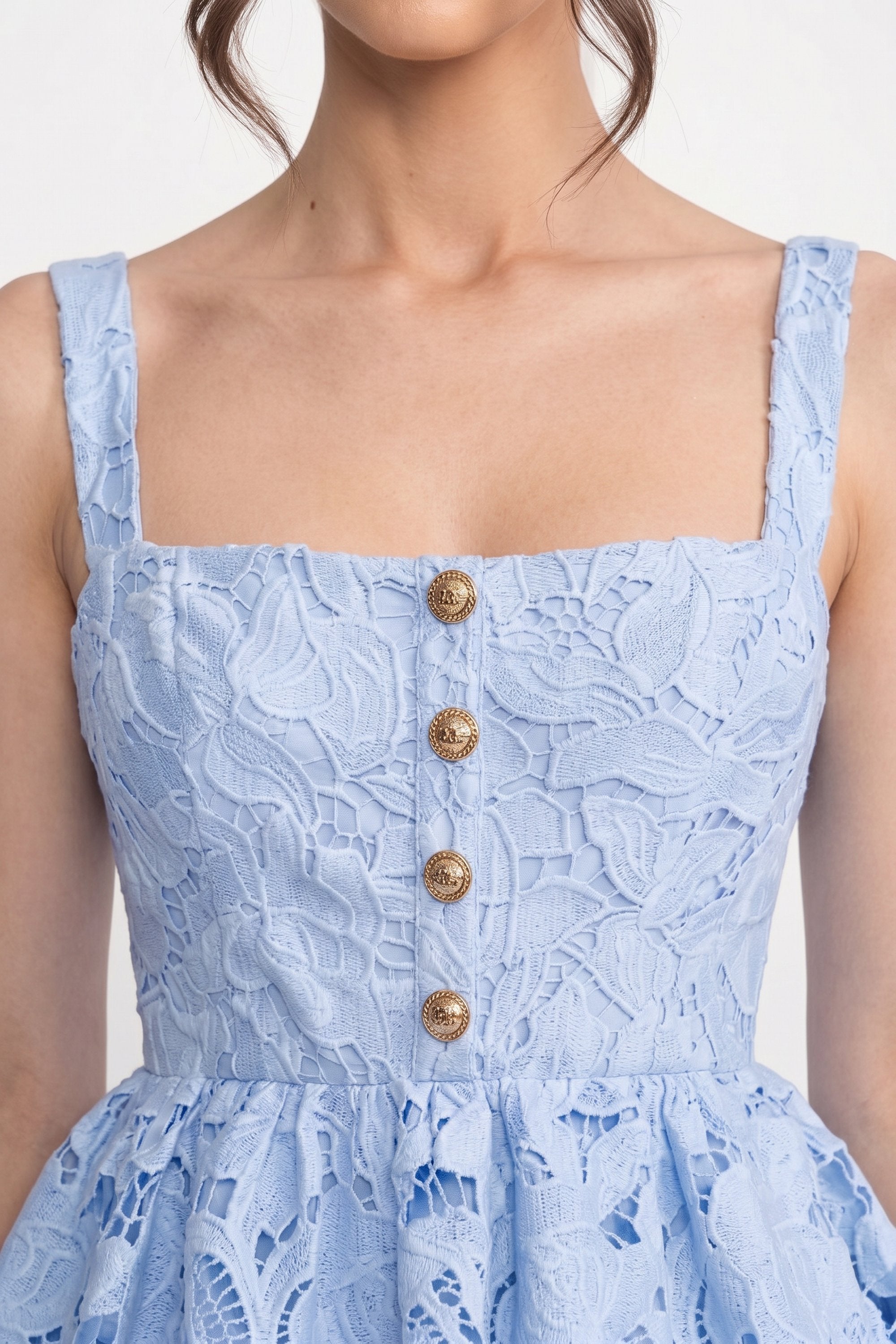 Rochie fără mâneci din dantelă, cu peplum, fustă midi și nasturi aurii - Albastru 
