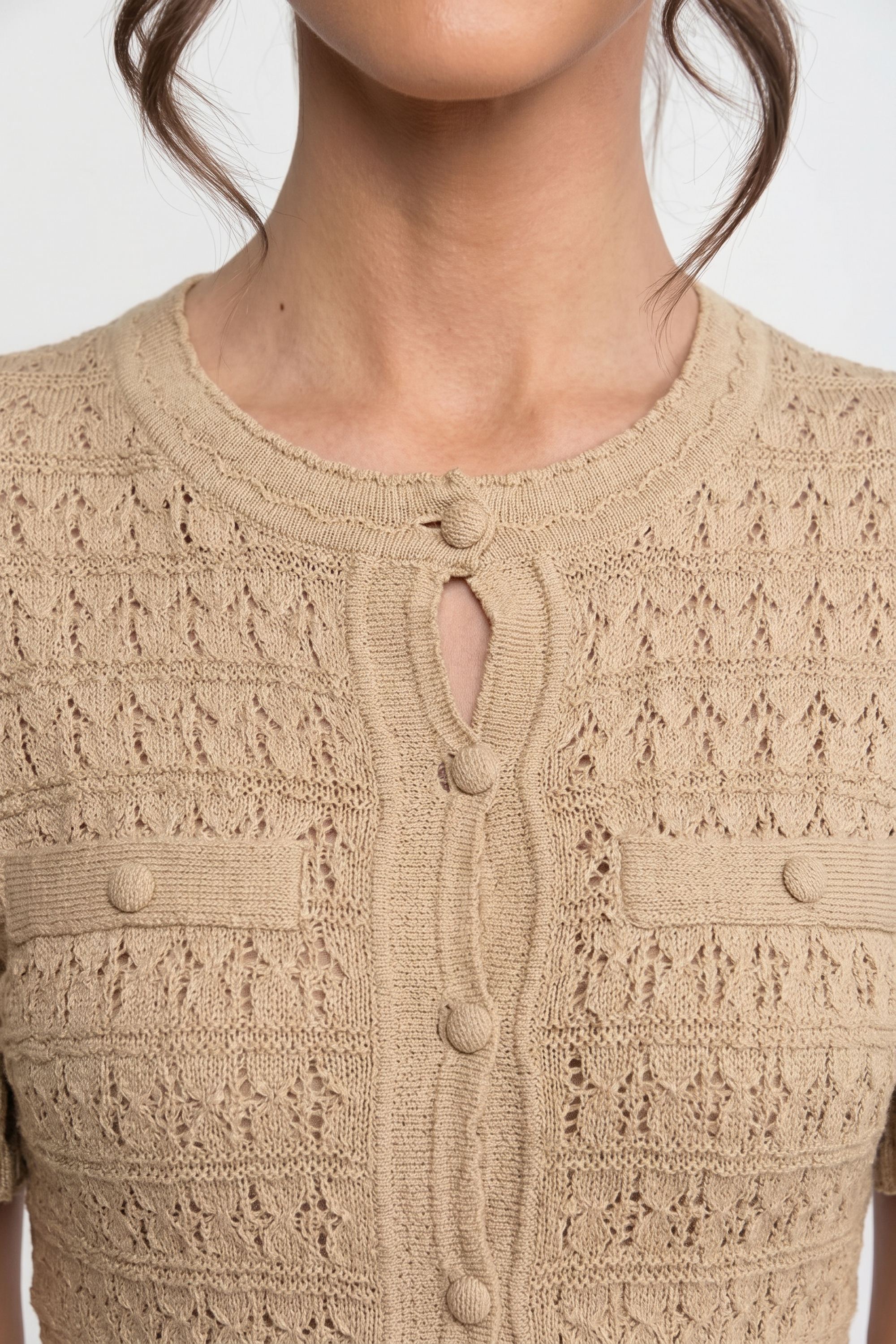Rochie midi cu mânecă scurtă și textură tricotată cu sclipiri - Beige 