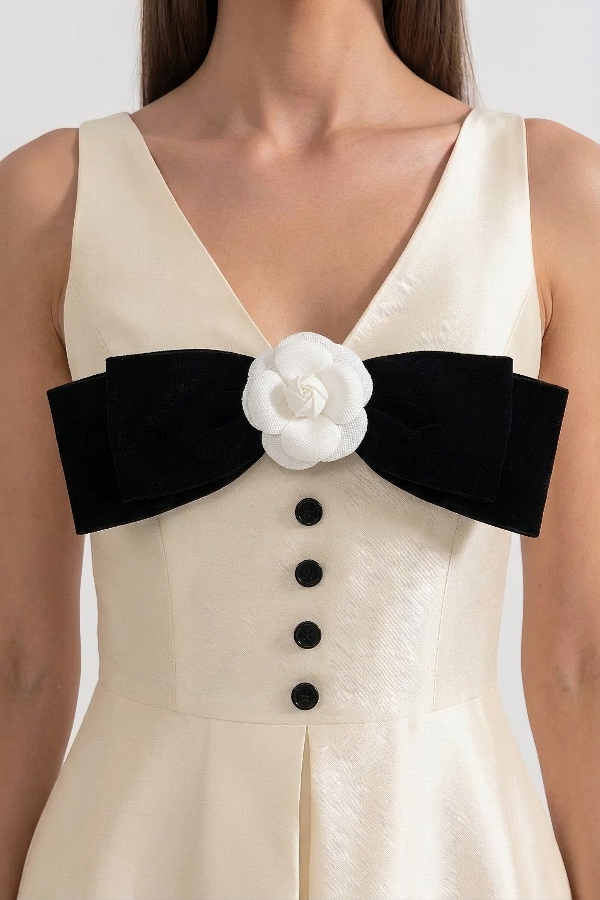 Halter Neck Maxi Dress With Black Bow Bustline And Button Front - Ivories