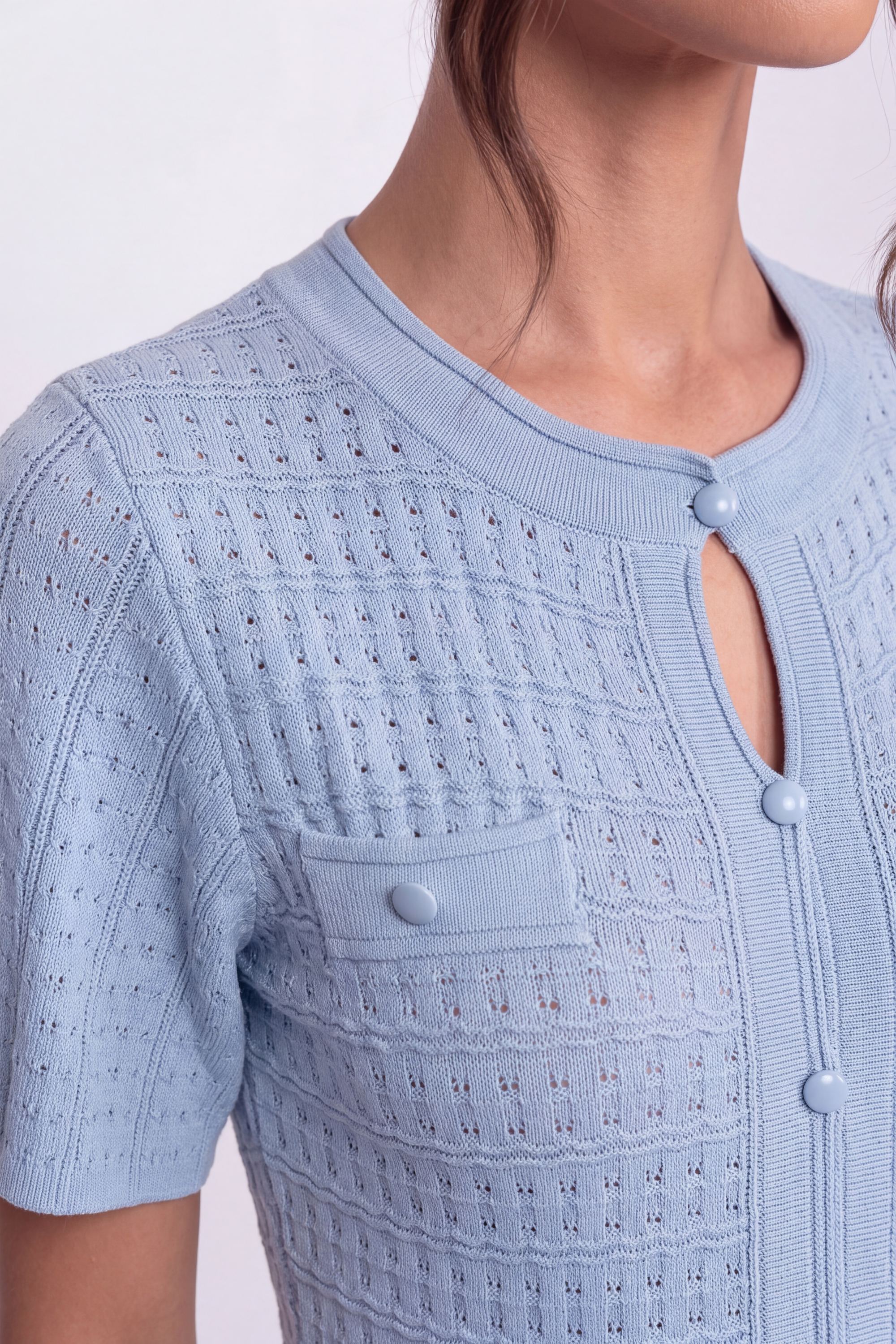 Rochie midi cu mânecă scurtă și textură tricotată strălucitoare - Light Blue 