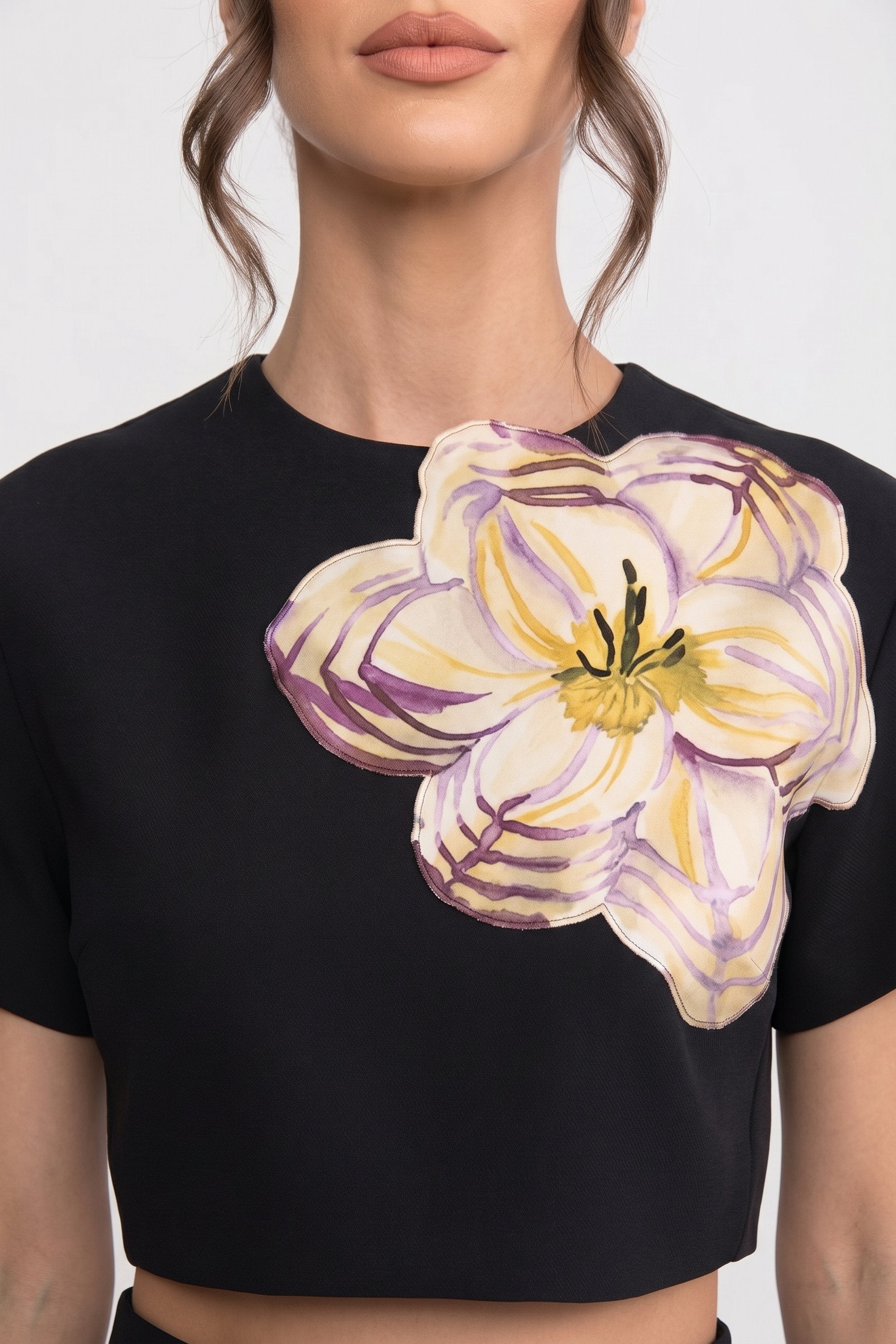Set Co-Ord cu imprimeu floral, mânecă scurtă, cu top crop și fustă maxi - Alb 