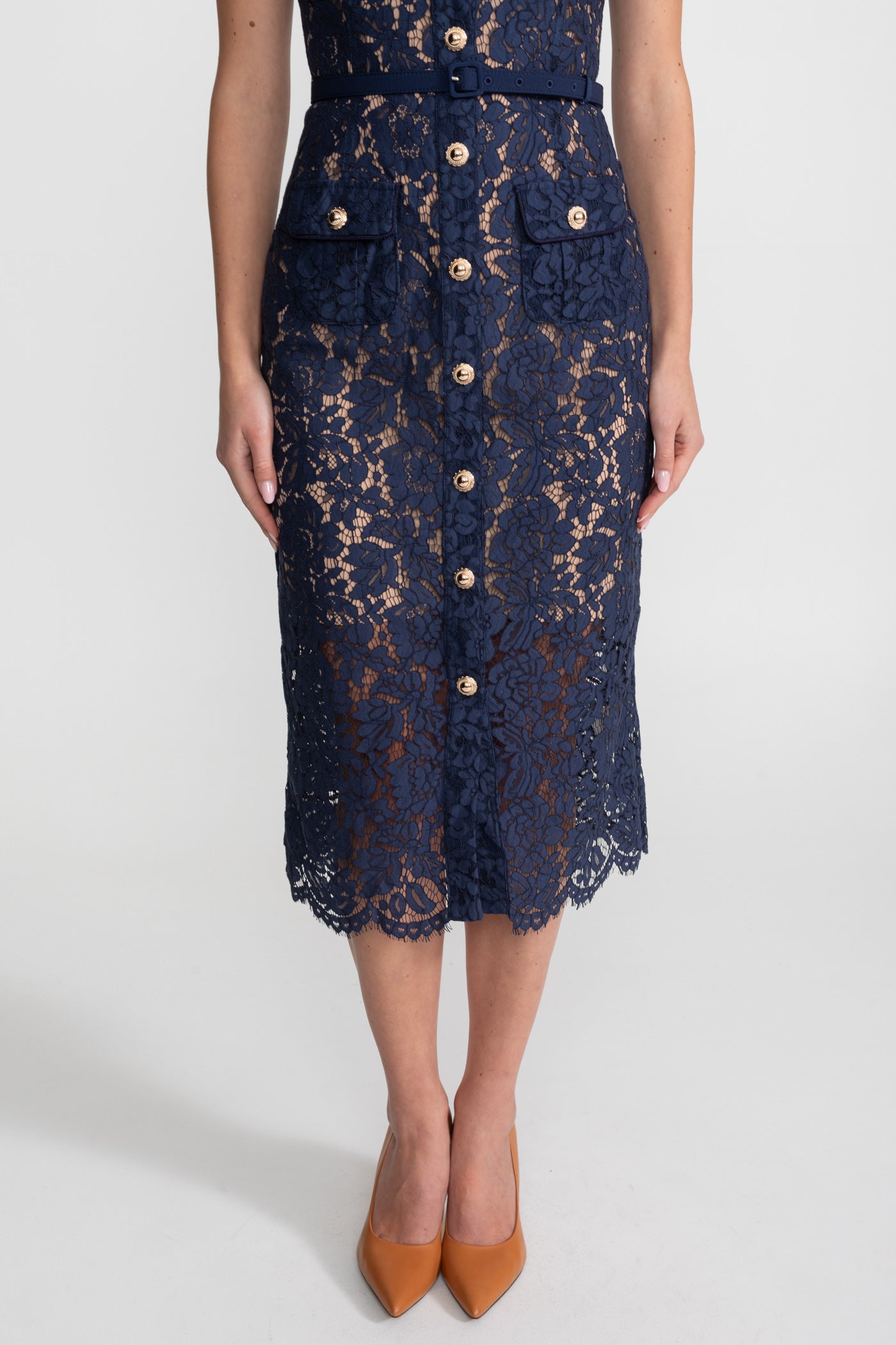 Floral Lace Midi Dress with Tailored Collar and Belted Waist - Navy