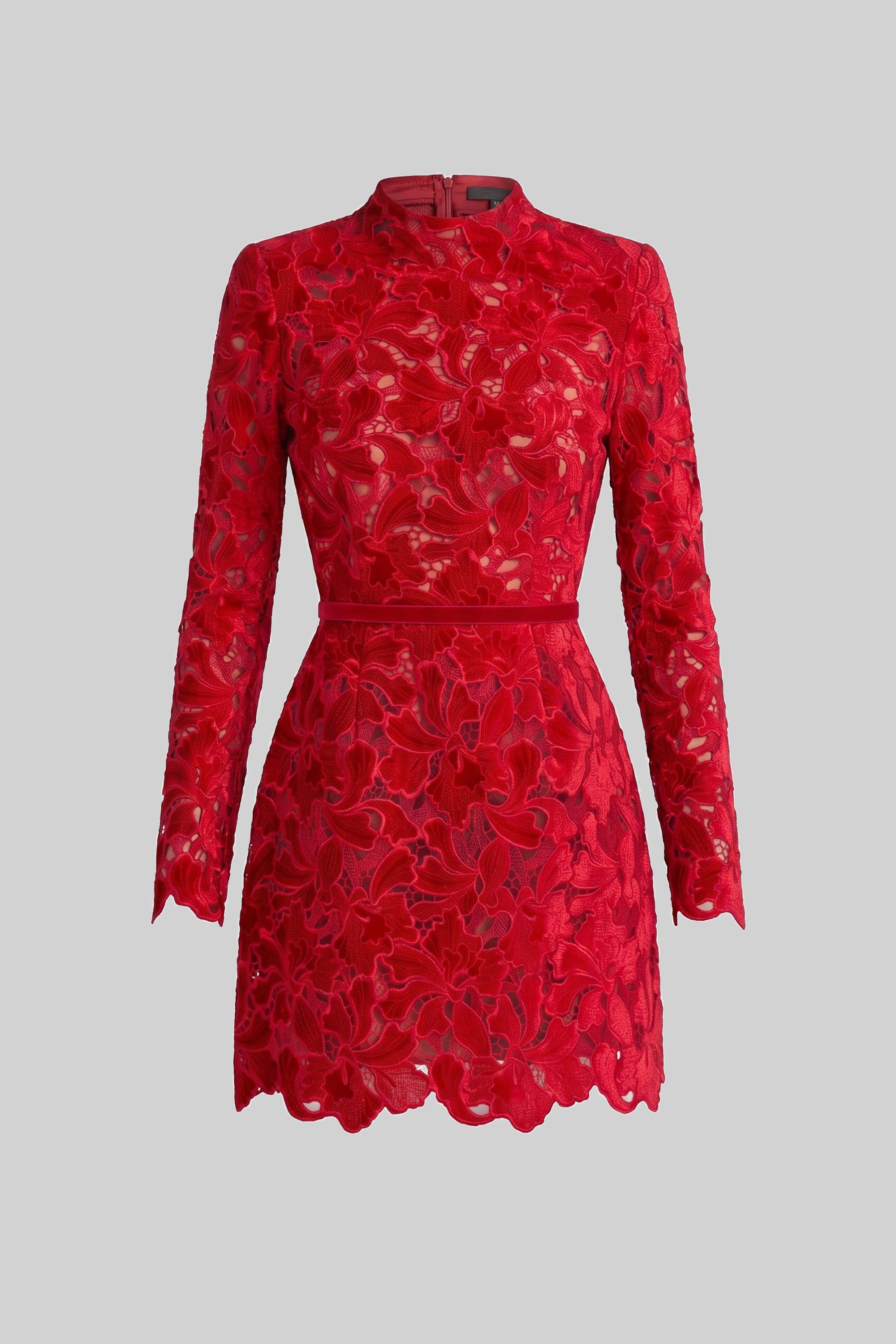 Rochie mini din dantelă cu mânecă lungă, cu guler înalt și tiv festonat - Roșu 