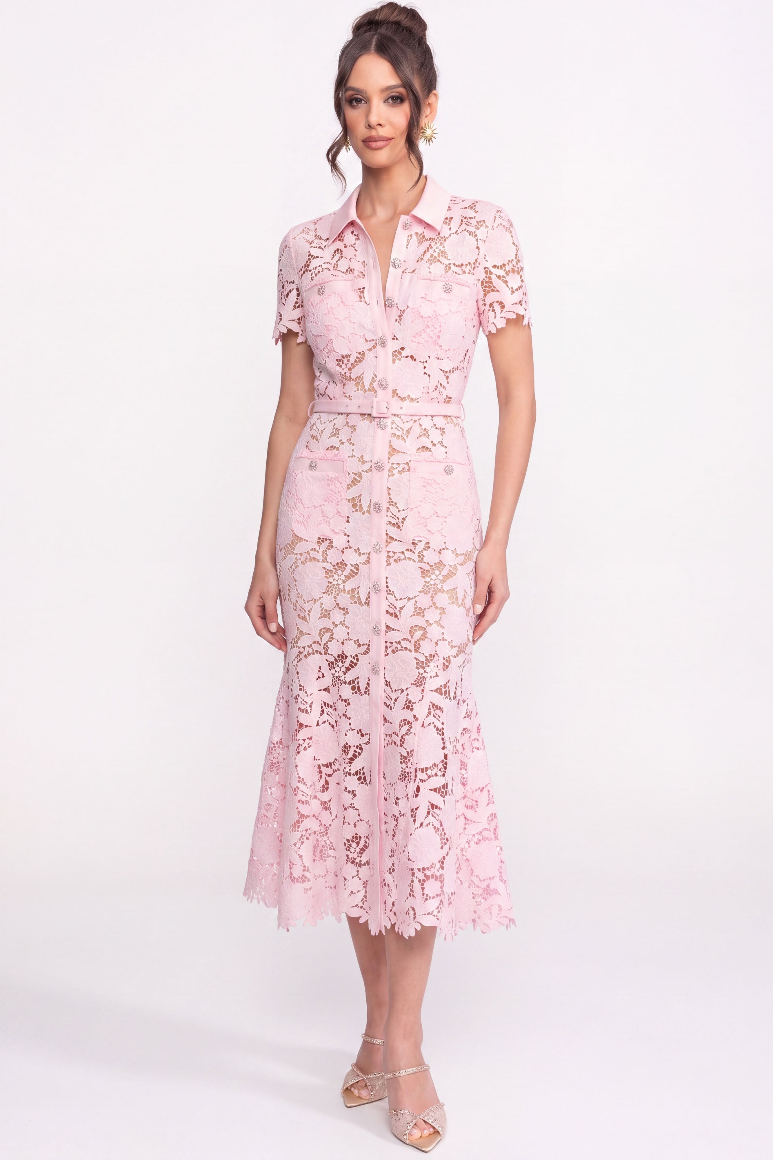 Rochie midi din dantelă cu mânecă scurtă, decolteu cu guler și talie accentuată cu curea - Pink 