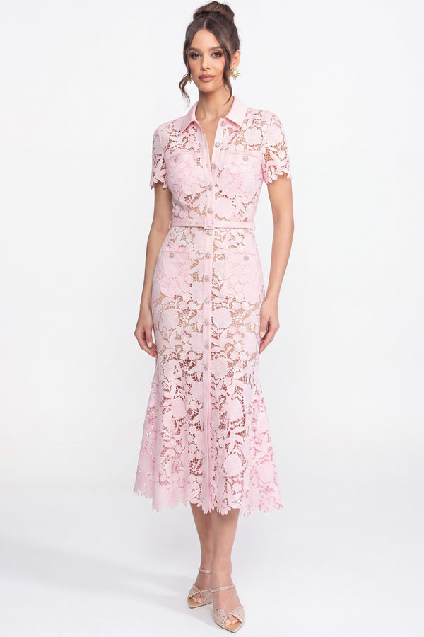 Rochie midi din dantelă cu mânecă scurtă, decolteu cu guler și talie accentuată cu curea - Pink 
