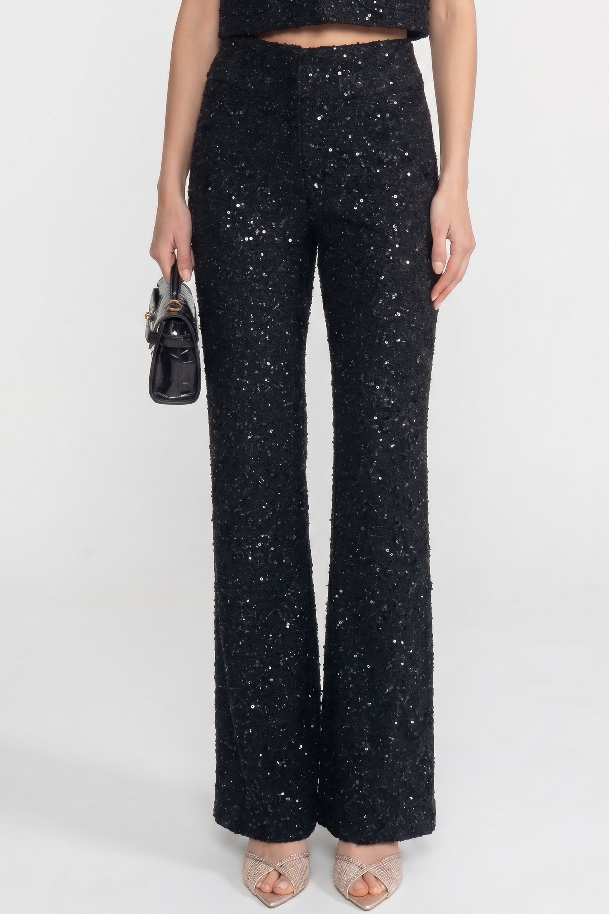 Pantaloni Tweed Wide-Leg Cu Detaliu Din Paiete - Negru 