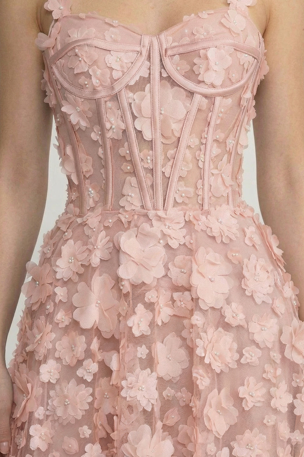 Floral Appliqué Maxi Dress With Corset Bodice - Pink