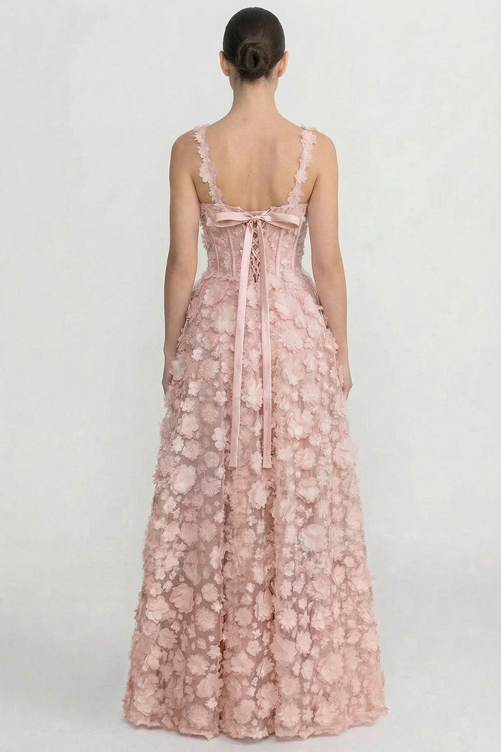 Floral Appliqué Maxi Dress With Corset Bodice - Pink