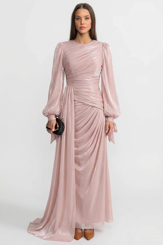 Rochie maxi drapată cu mâneci lungi și talie adunată – Blush Pink 