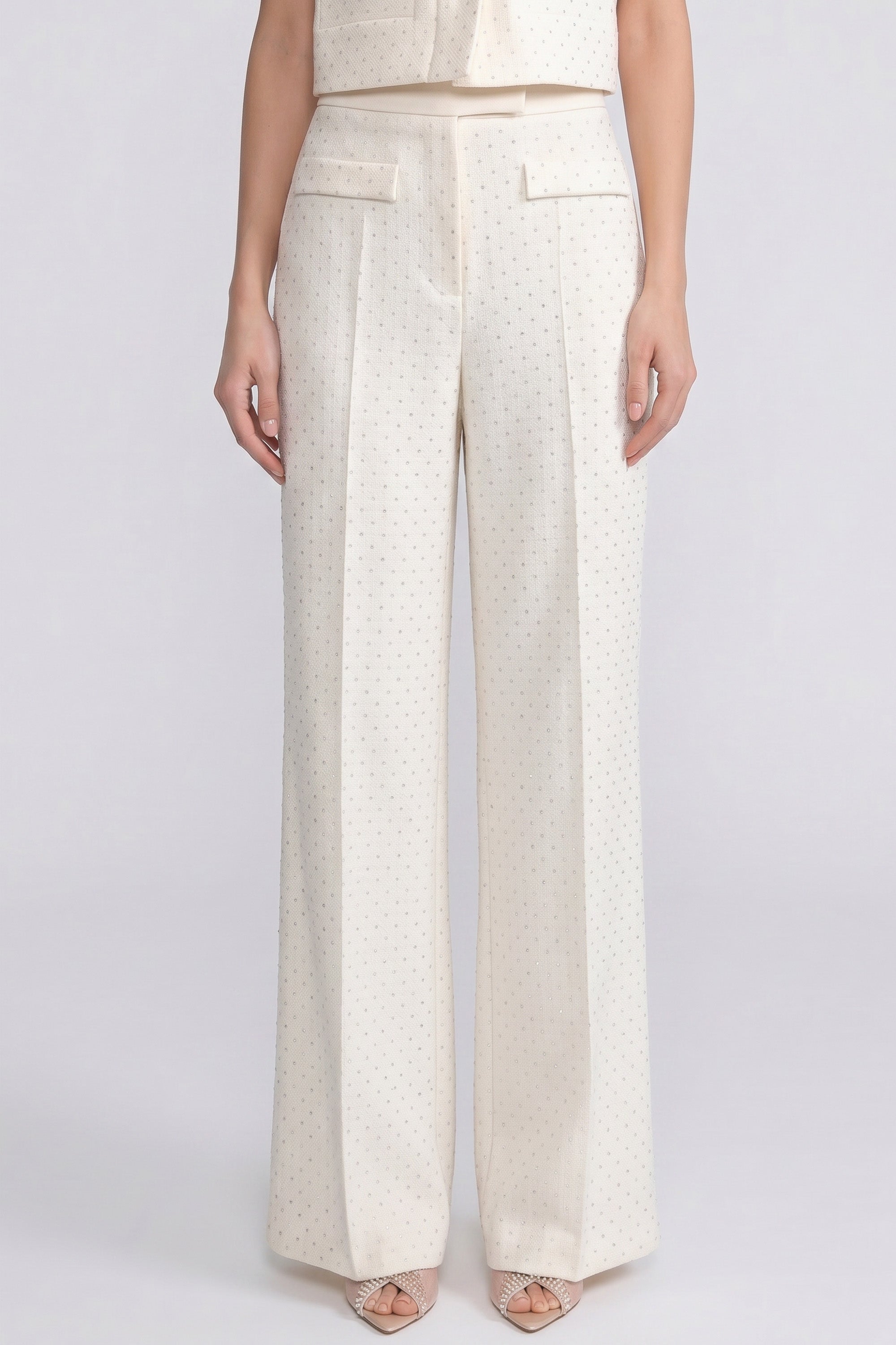 Pantaloni wide-leg din tweed cu aplicații decorative și buzunare aplicate - Ivoire 