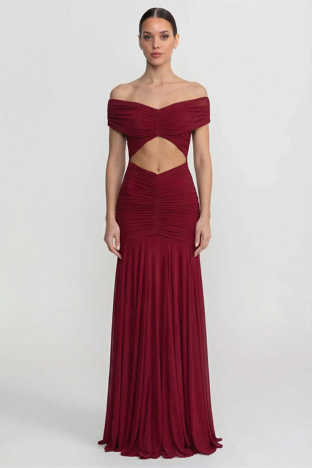 Rochie maxi drapată, cu umerii goi și talie decupată - Crimson 