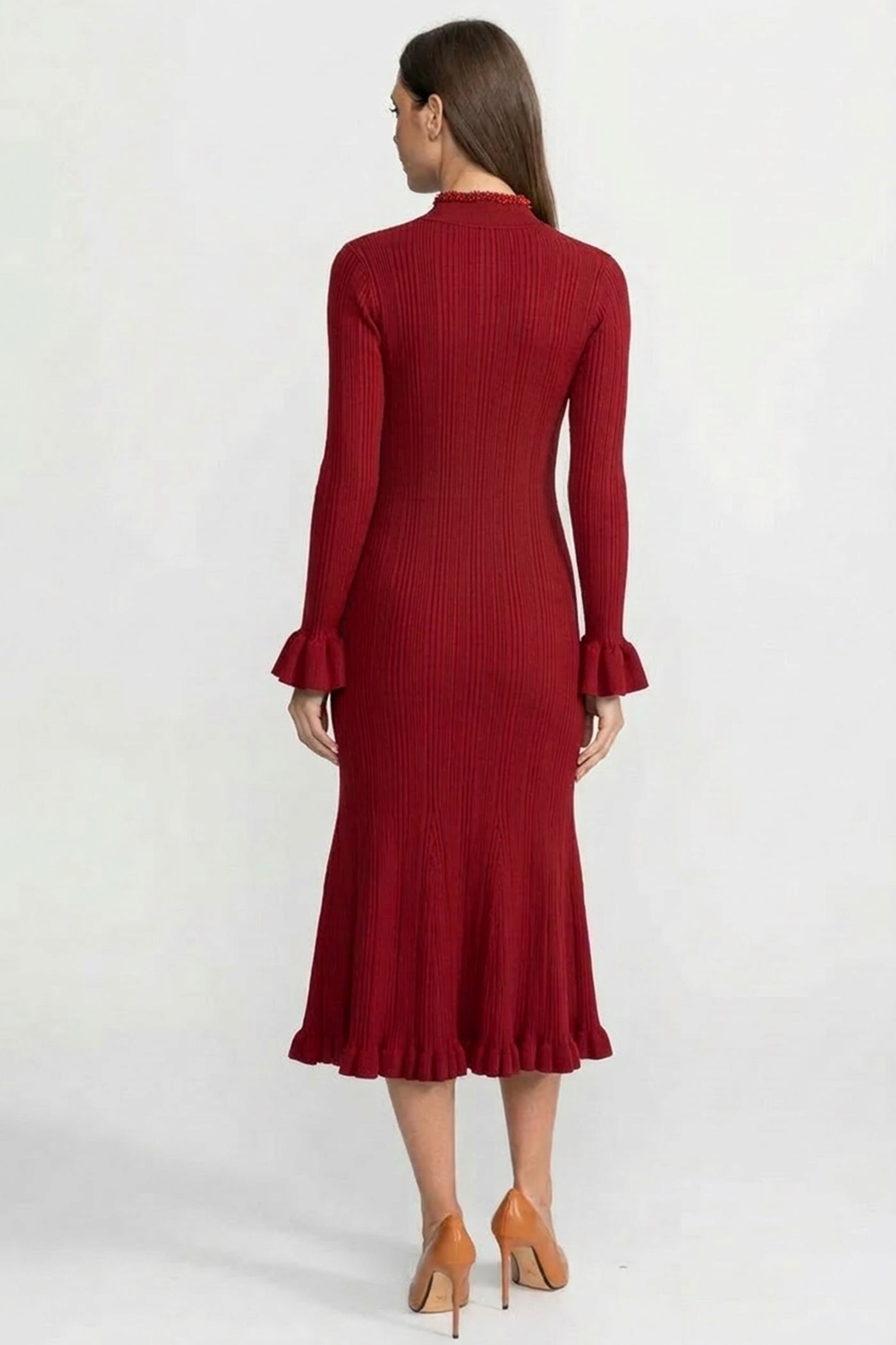 Rochie midi cu mâneci lungi și model nervurat, cu detalii împletite - Burgundy 