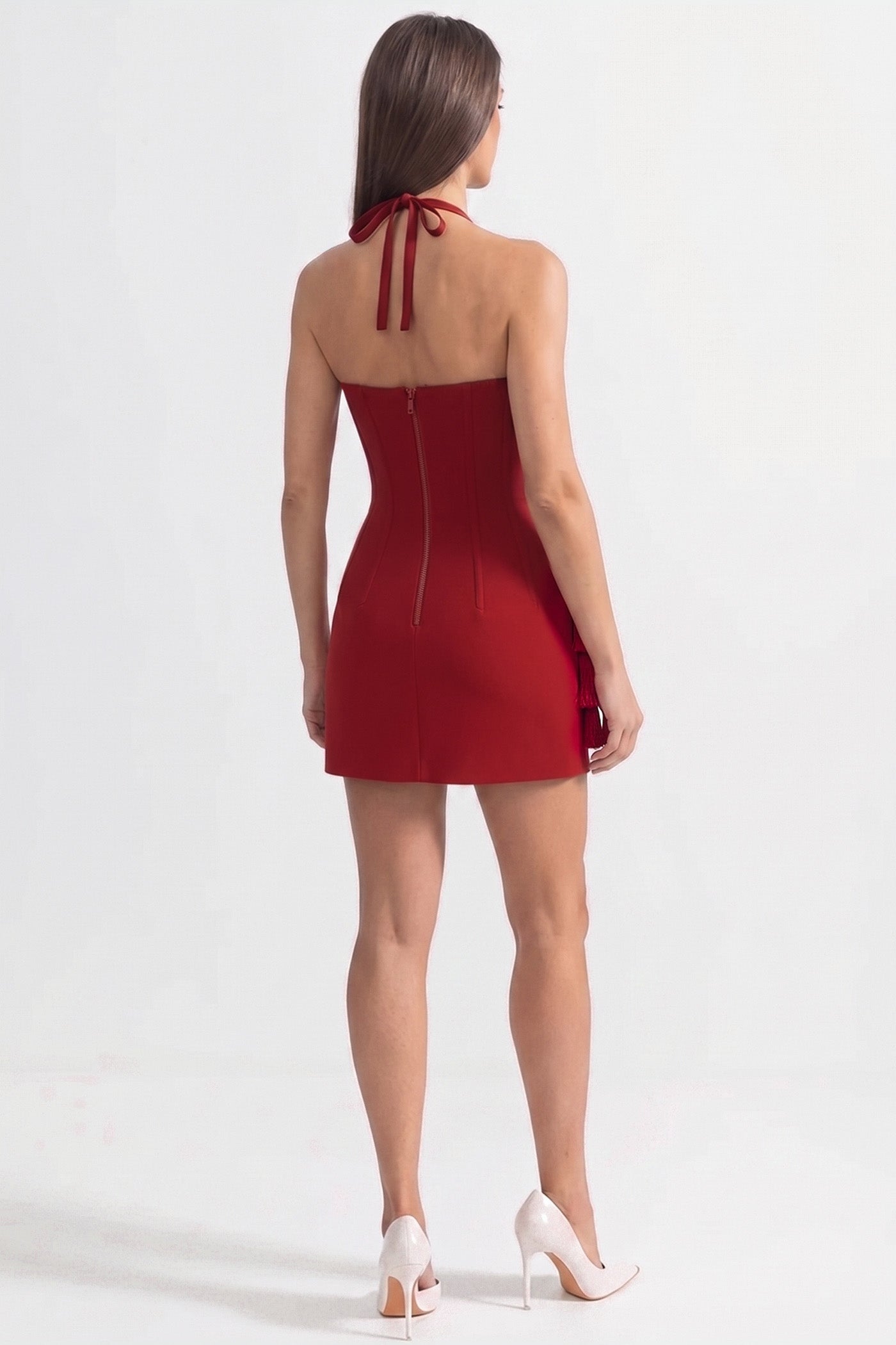 Rochie Mini Corset cu Tăietură Florală Sculptată – Roșu 