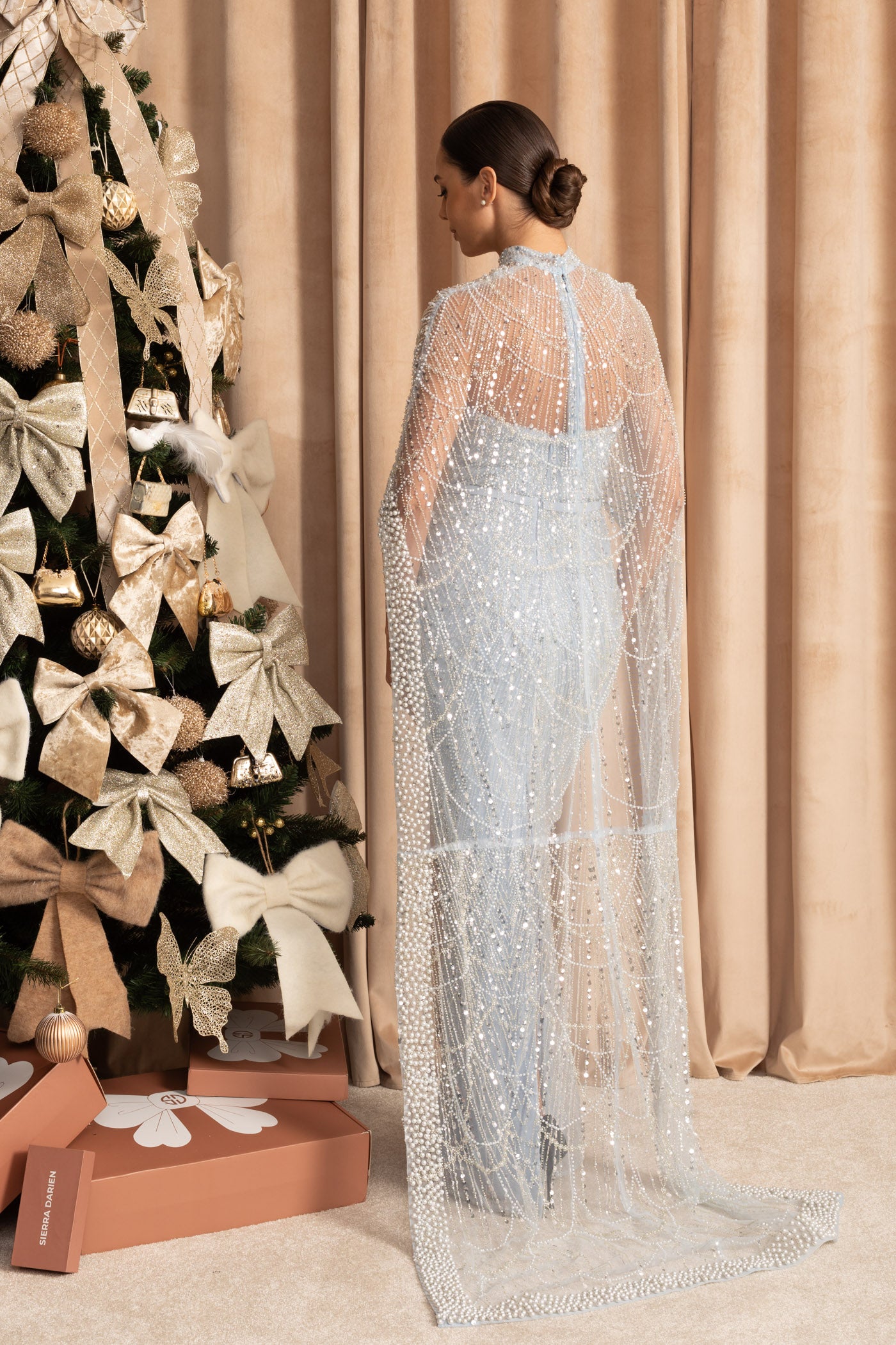 Glamorous Beaded Gown With Detachable Veil - Blue