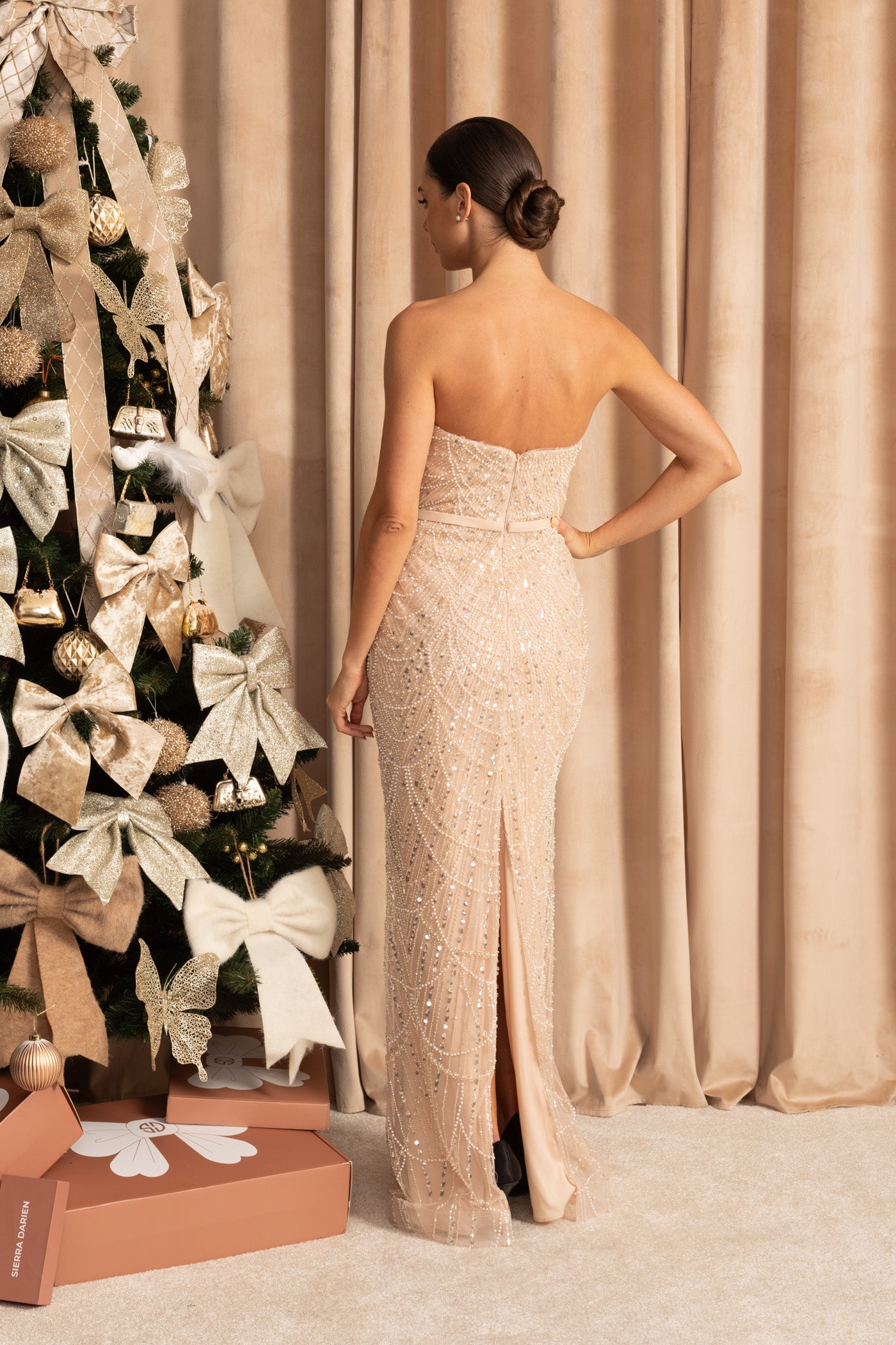 Glamorous Beaded Gown With Detachable Veil - Beige