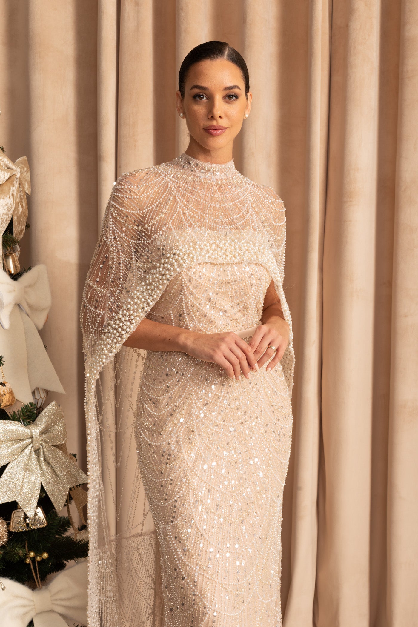 Glamorous Beaded Gown With Detachable Veil - Beige