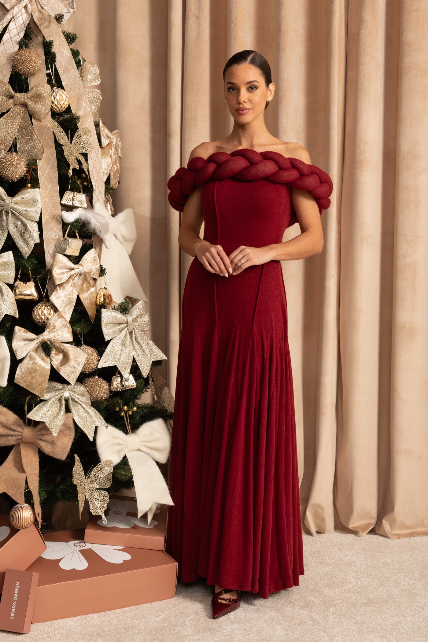 Off-Shoulder Braided Neckline Maxi Dress – Deep Red