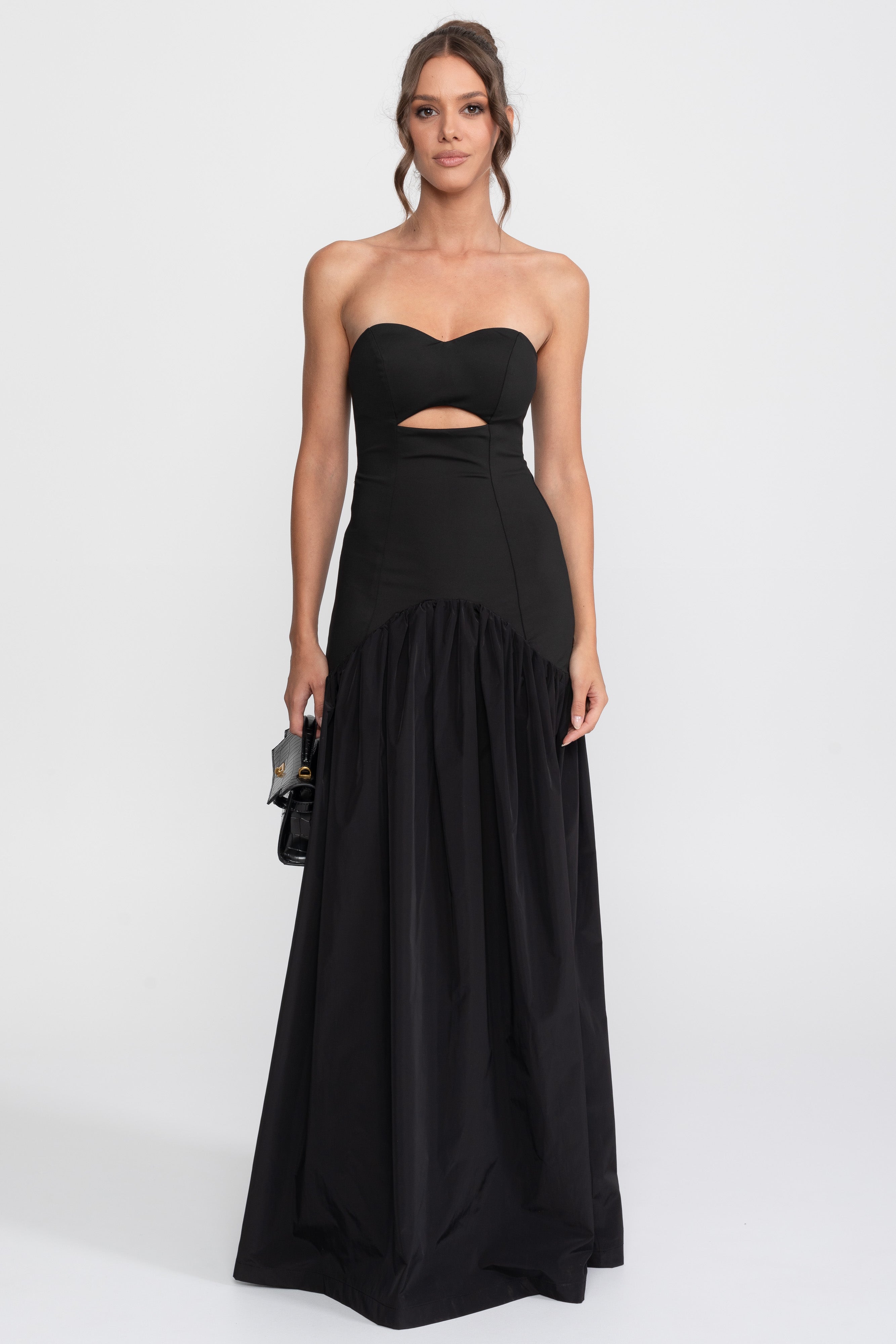 Cutout Sweetheart Drop-Waist Gown With Gathered Skirt - Black