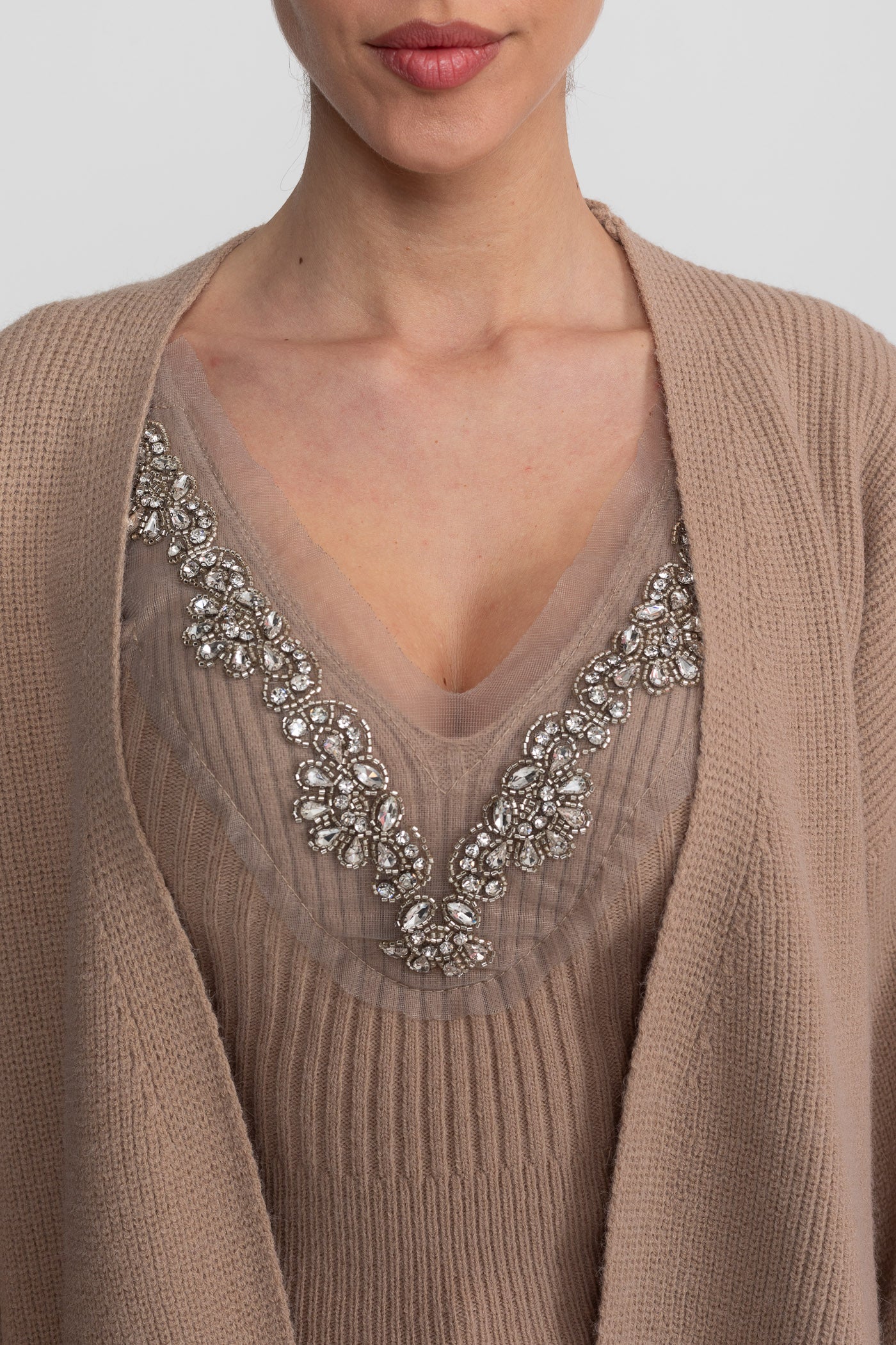 Knit Two Piece Set With Crystal Embellishments And Trim Cuffs - Beige