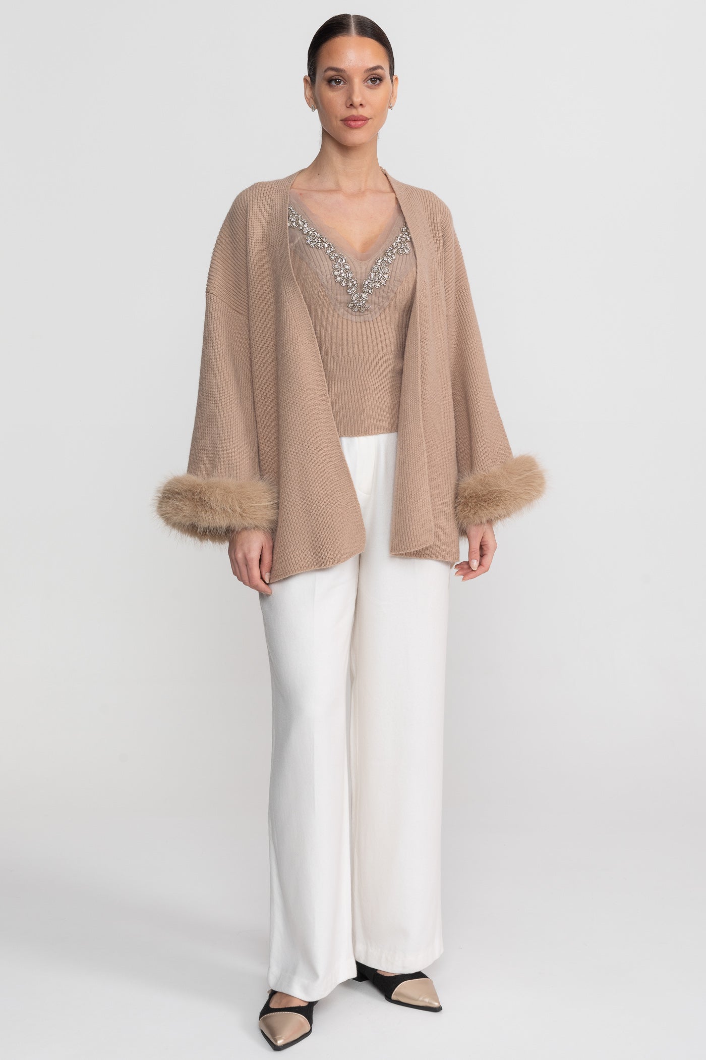 Knit Two Piece Set With Crystal Embellishments And Trim Cuffs - Beige