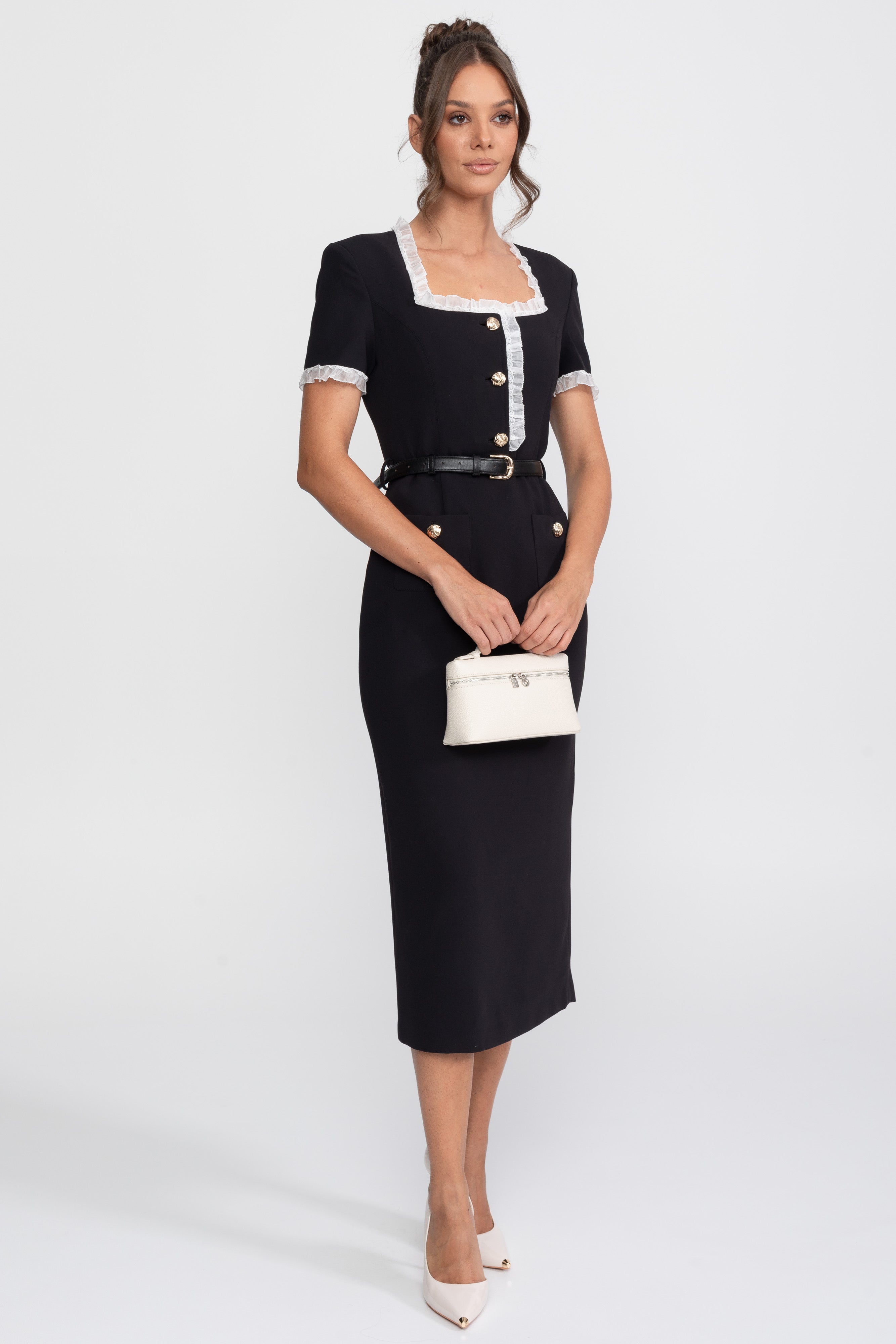 Square Neck Belted Midi Dress With White Ruffle Trim - Black