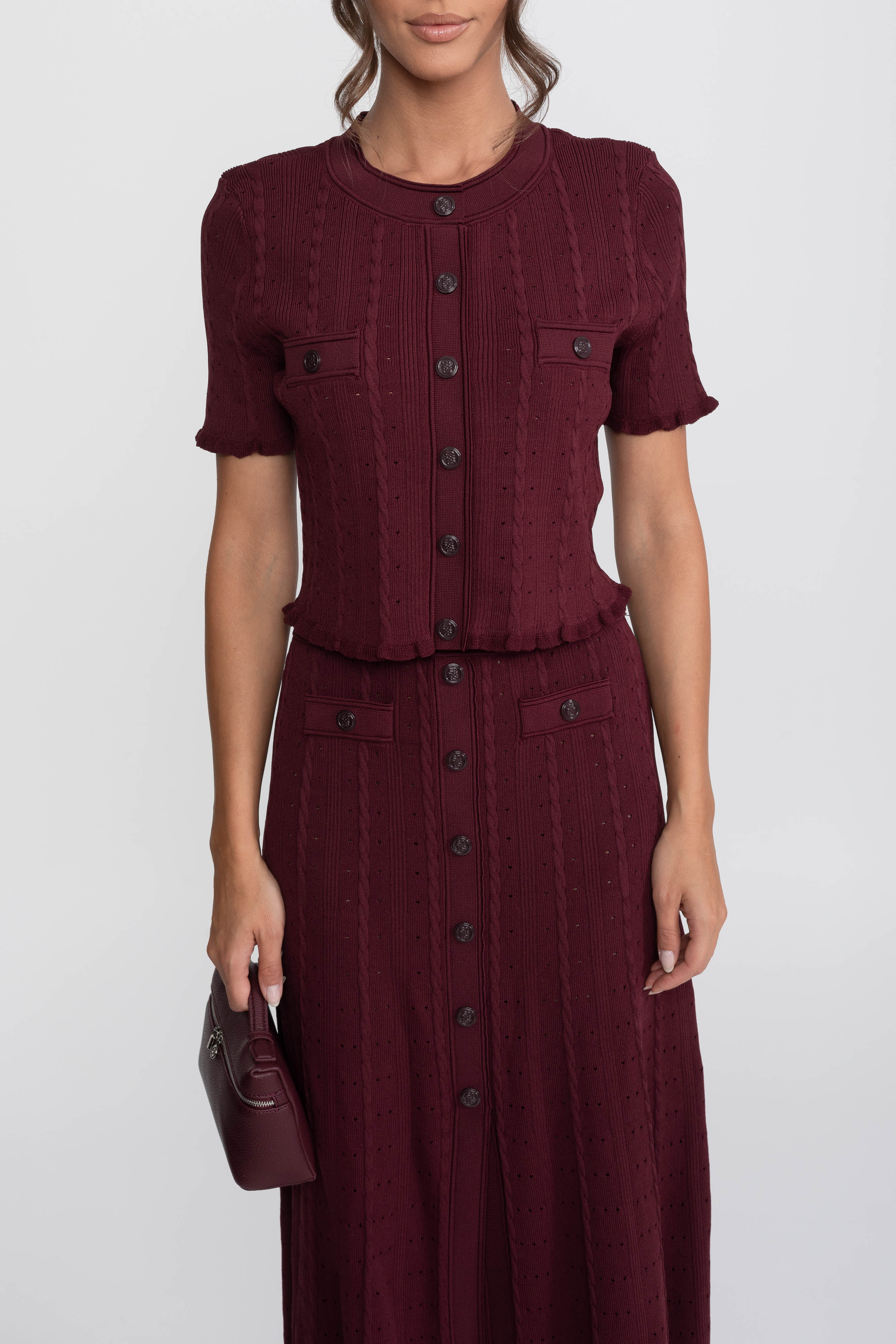 Set tricotat ribat coordonat cu cardigan cu nasturi în față și fustă maxi asortată - Burgundy 
