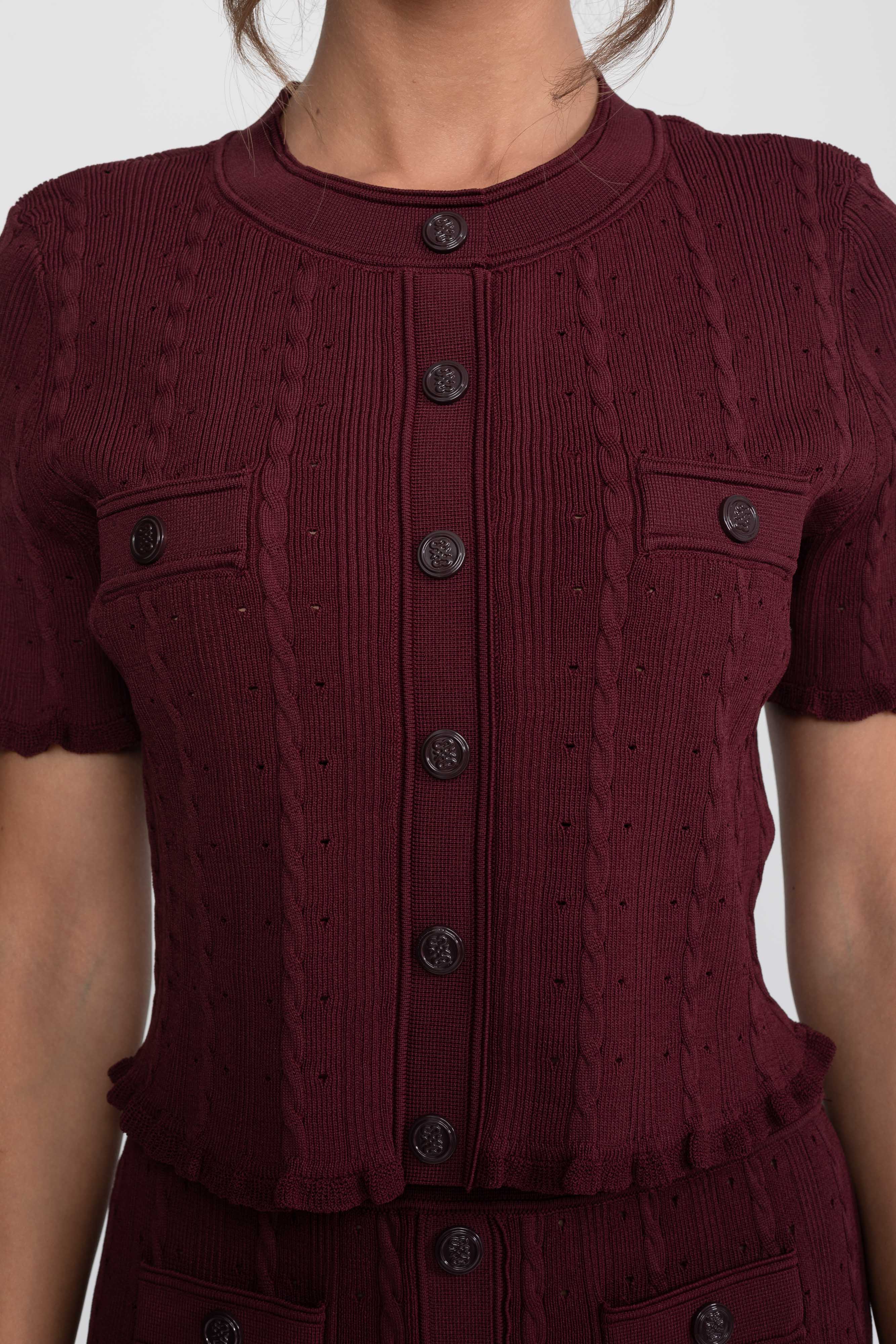 Set tricotat ribat coordonat cu cardigan cu nasturi în față și fustă maxi asortată - Burgundy 