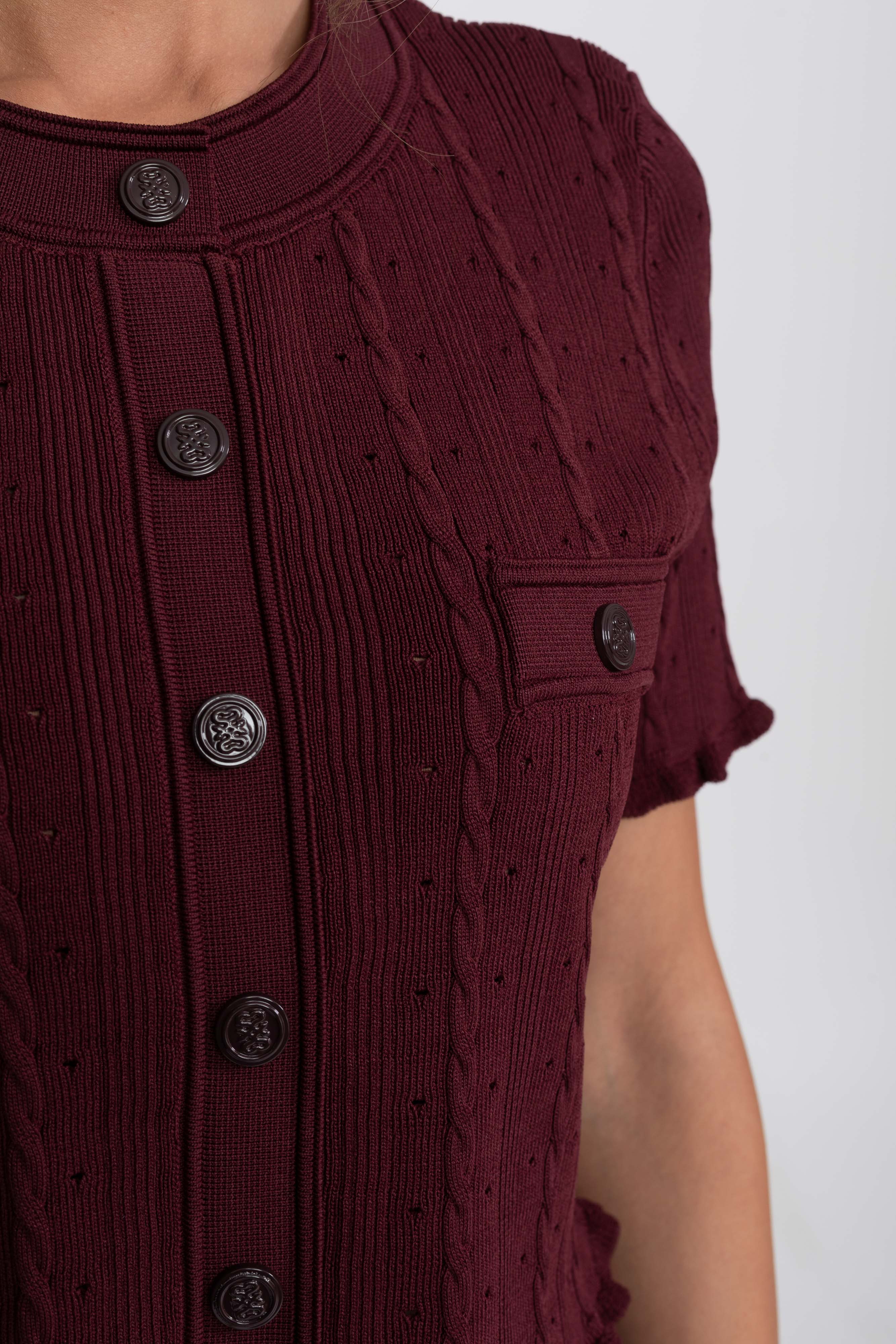 Set tricotat ribat coordonat cu cardigan cu nasturi în față și fustă maxi asortată - Burgundy 