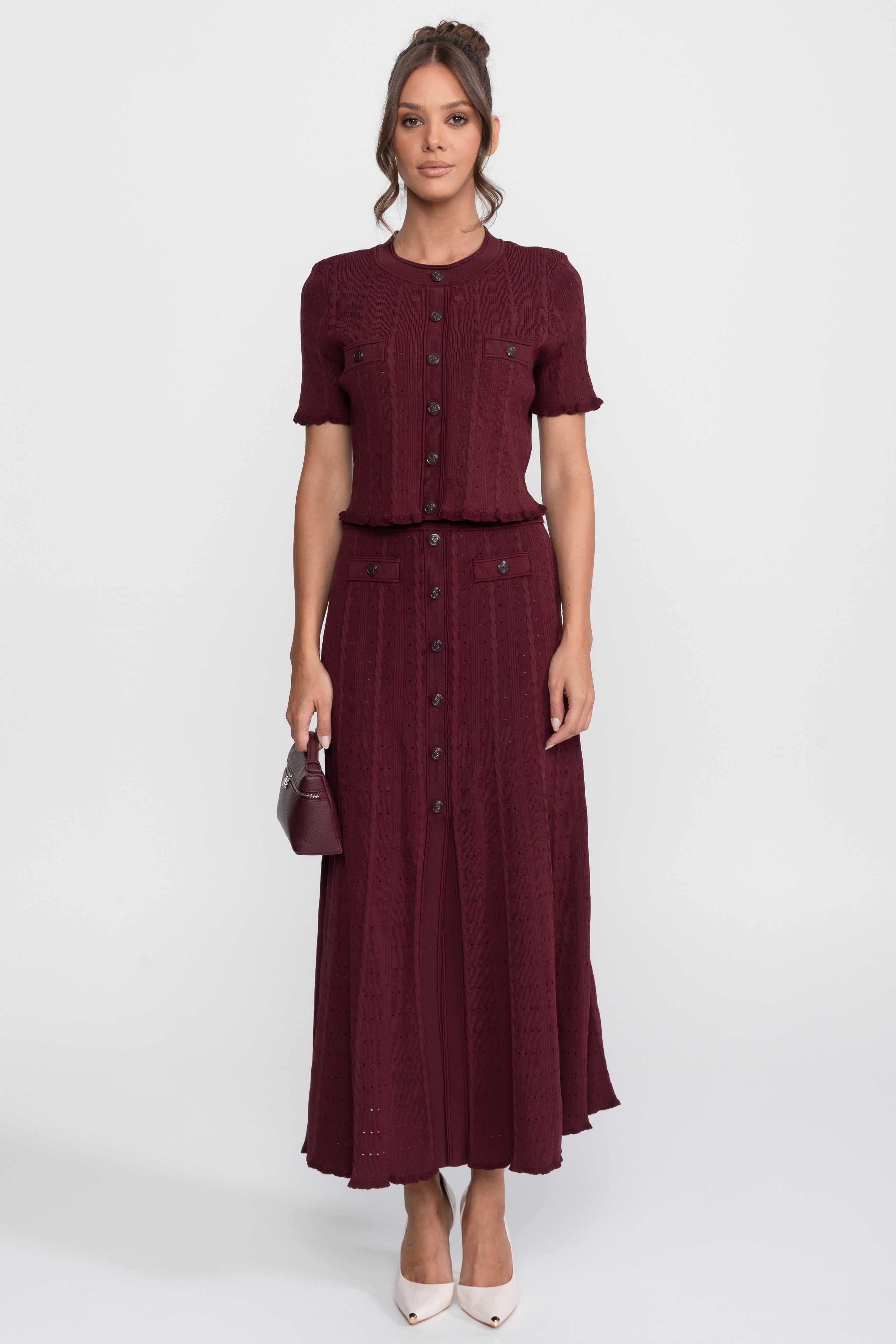 Set tricotat ribat coordonat cu cardigan cu nasturi în față și fustă maxi asortată - Burgundy 