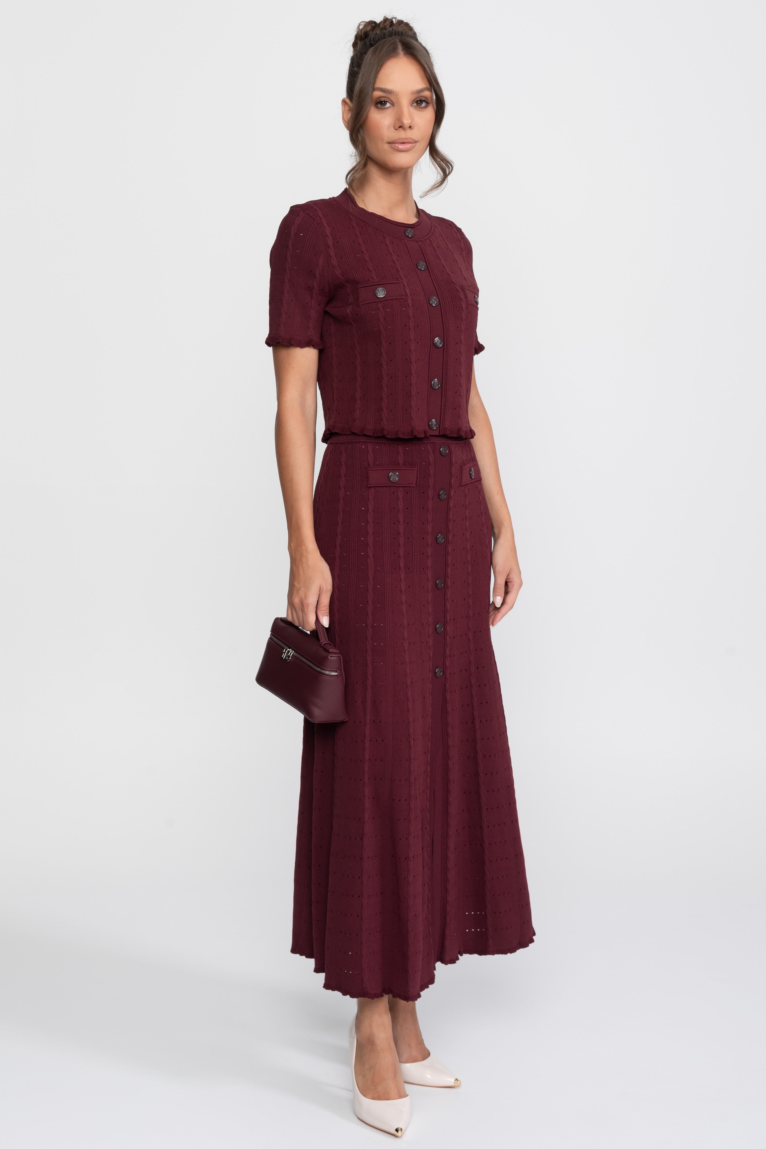 Set tricotat ribat coordonat cu cardigan cu nasturi în față și fustă maxi asortată - Burgundy 