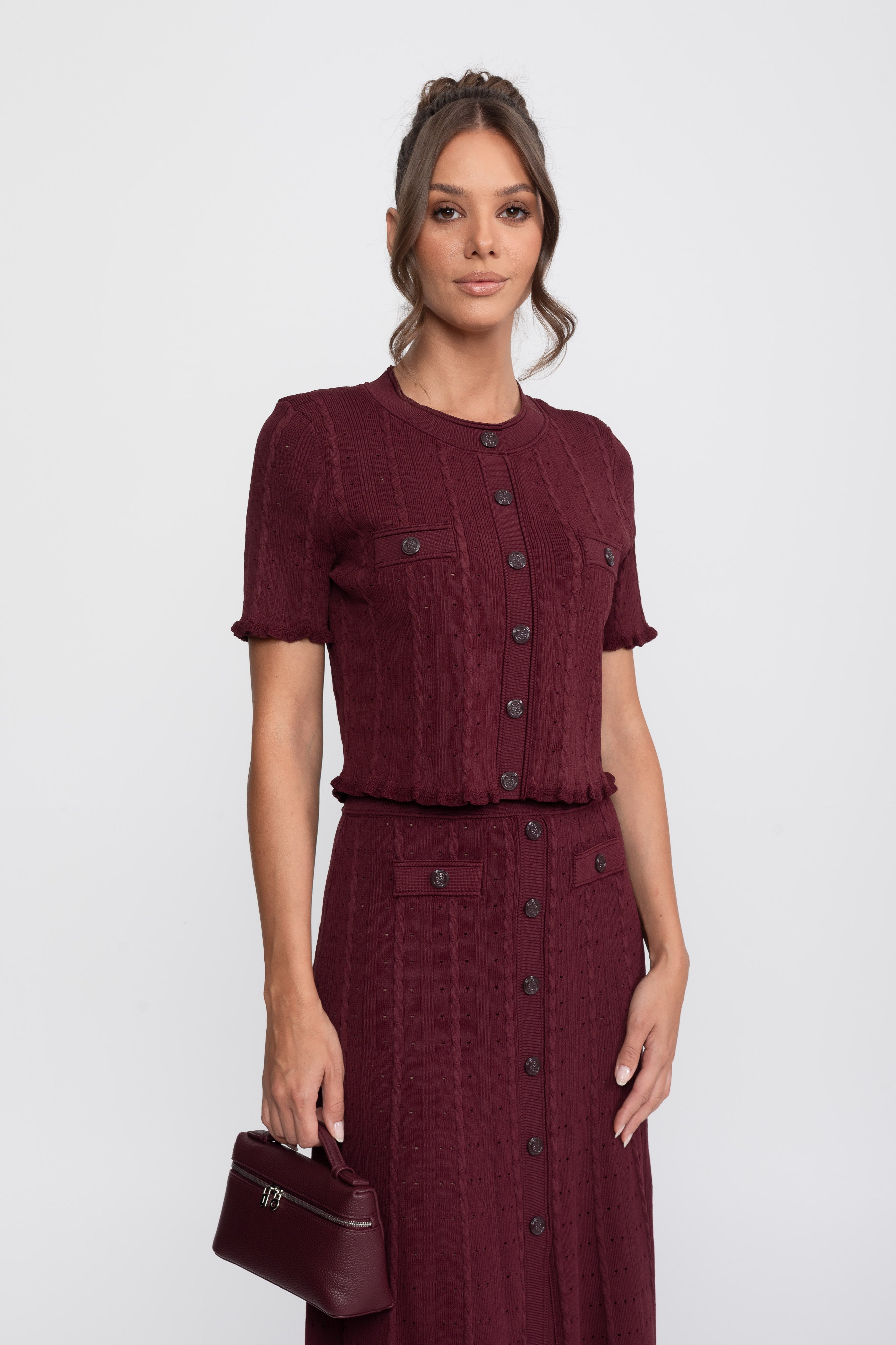 Set tricotat ribat coordonat cu cardigan cu nasturi în față și fustă maxi asortată - Burgundy 