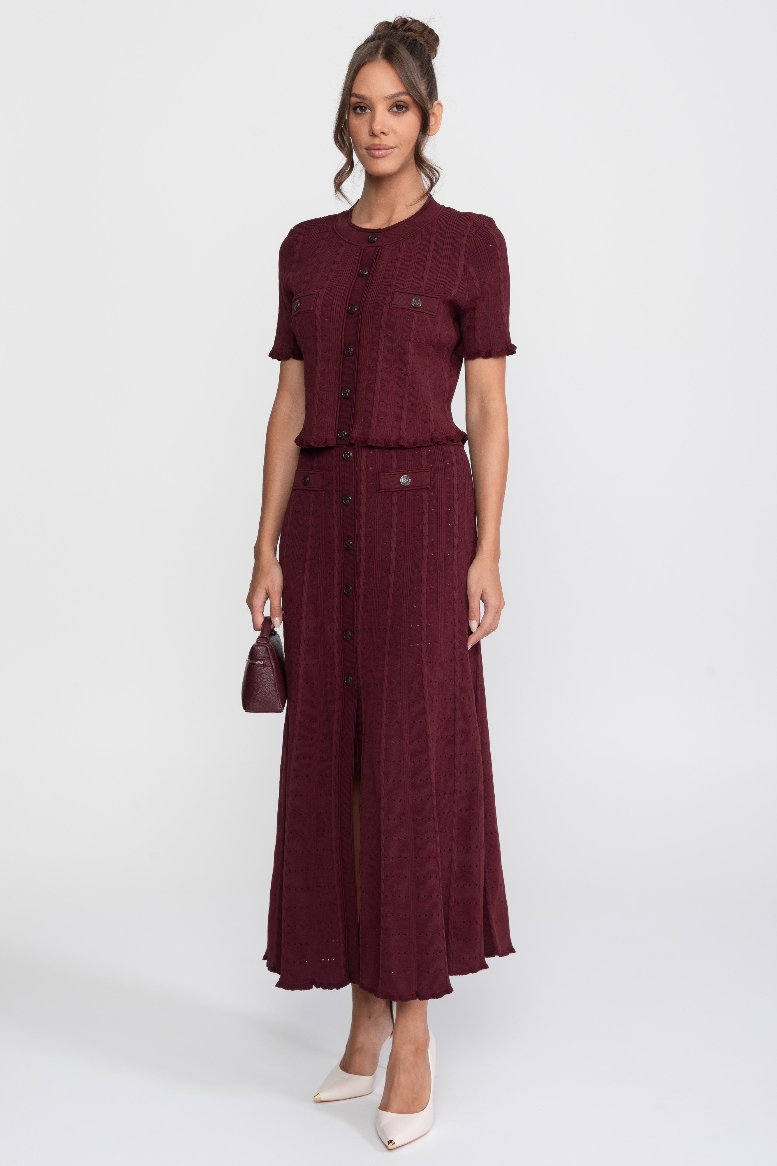 Set tricotat ribat coordonat cu cardigan cu nasturi în față și fustă maxi asortată - Burgundy 