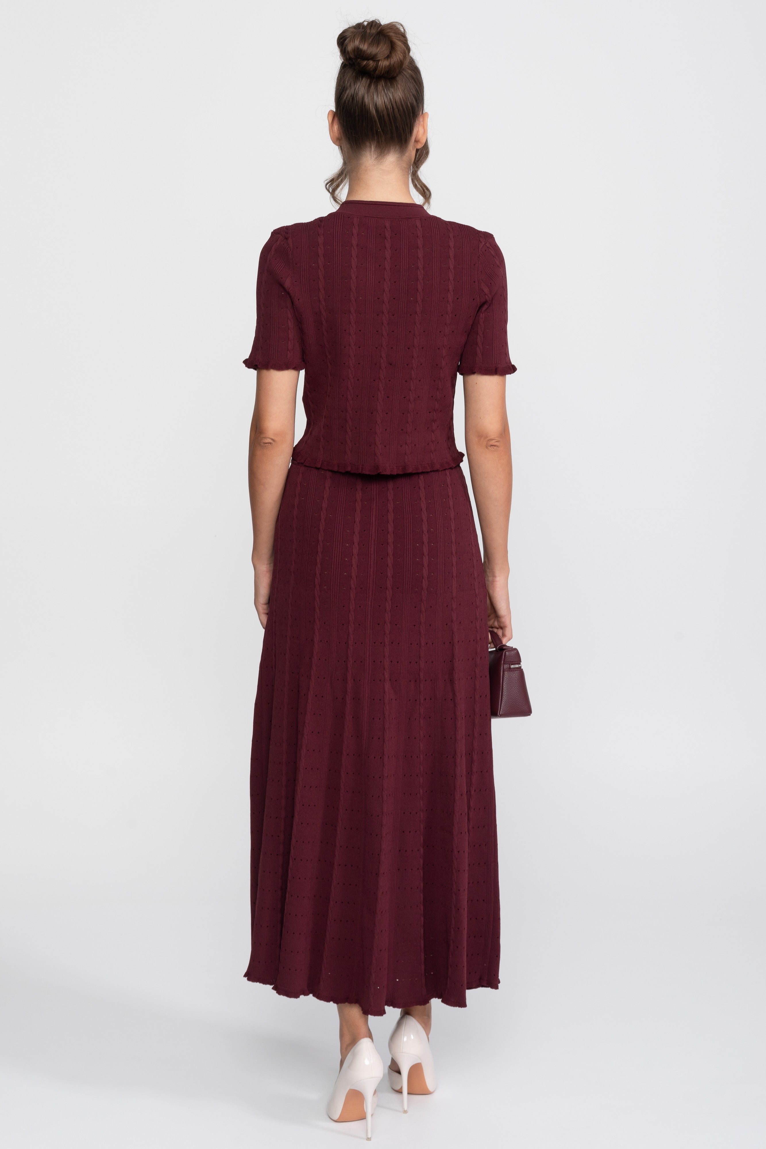Set tricotat ribat coordonat cu cardigan cu nasturi în față și fustă maxi asortată - Burgundy 