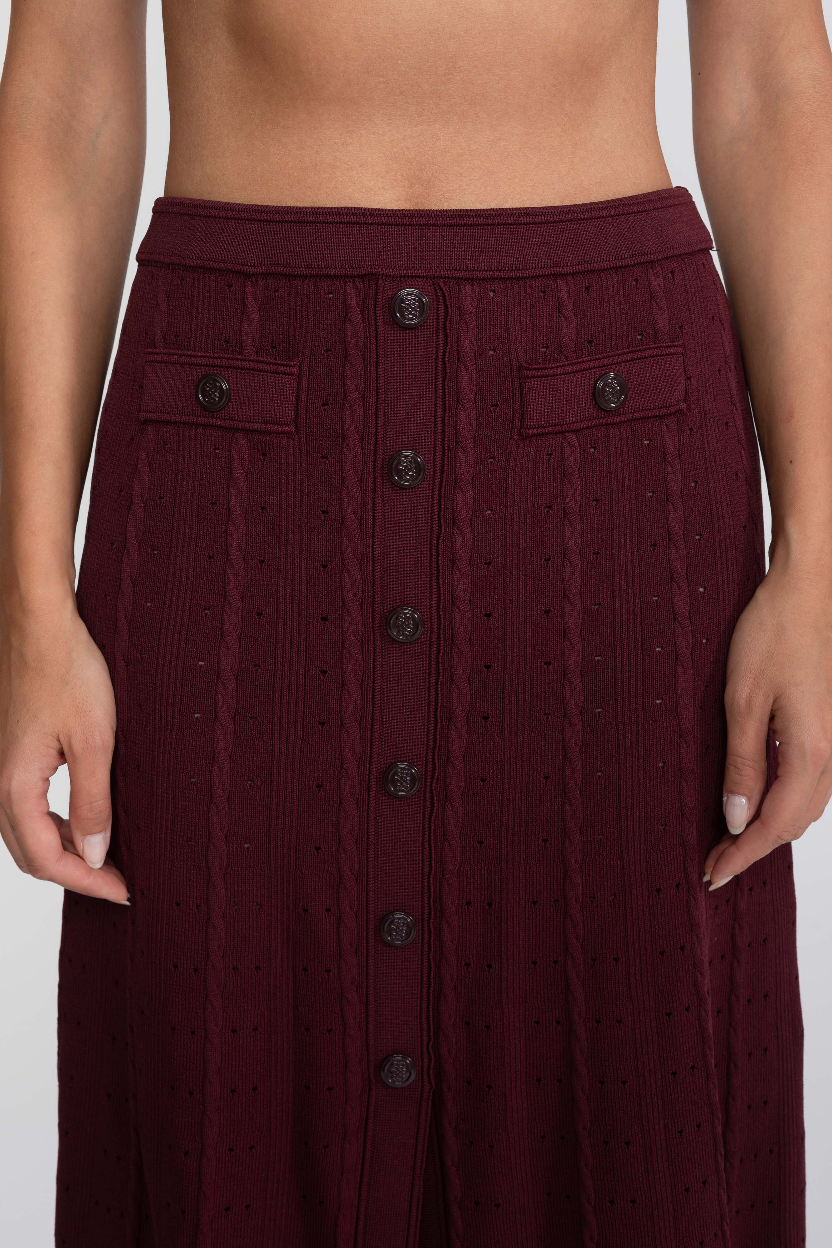 Set tricotat ribat coordonat cu cardigan cu nasturi în față și fustă maxi asortată - Burgundy 