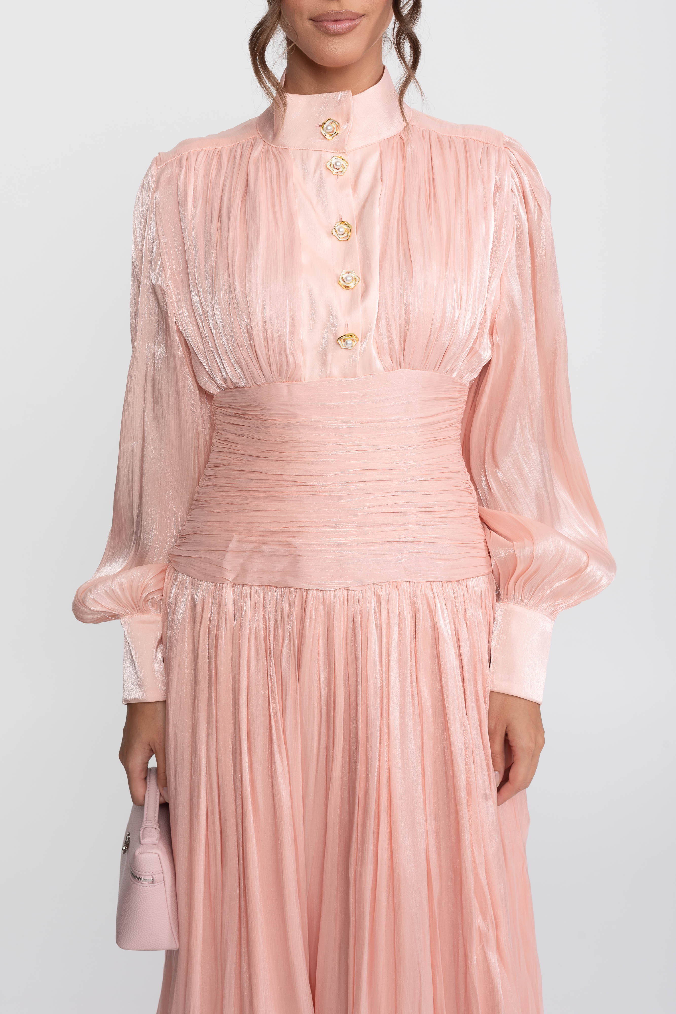 Balloon-Sleeve Tiered Maxi Dress With Jeweled Rose Buttons - Peach