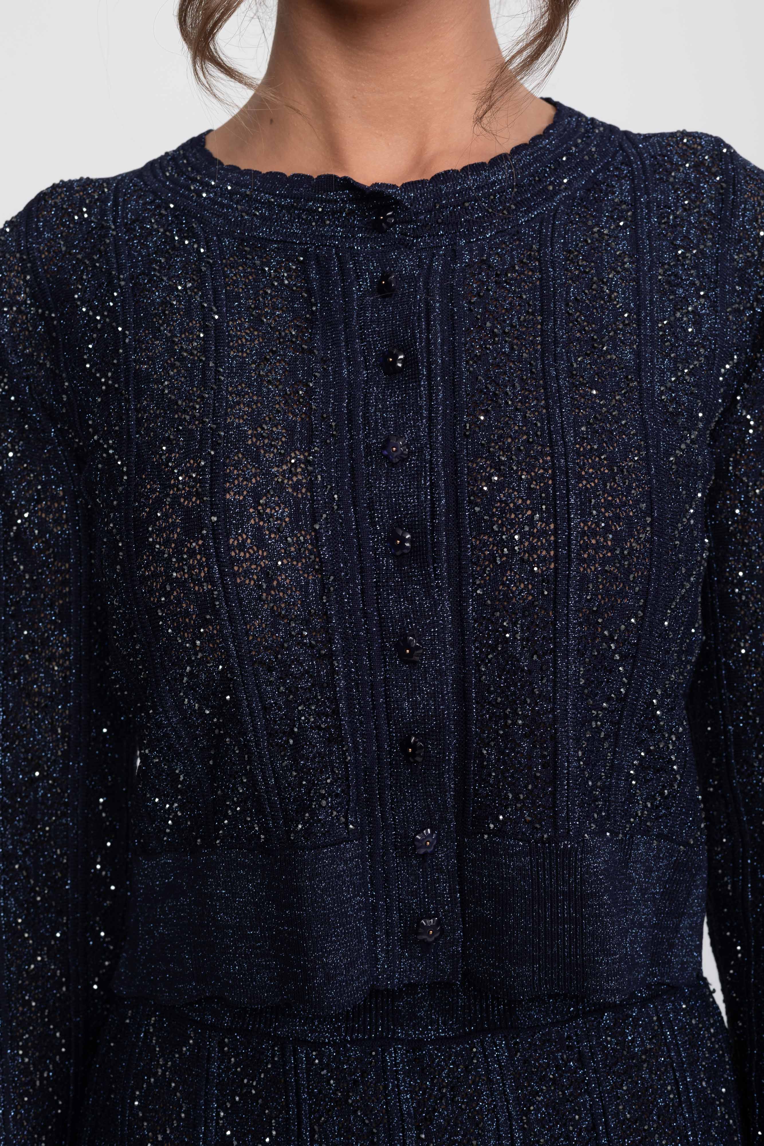 Set Co-Ord din dantelă cu model diamant și mânecă lungă, cu fustă maxi - Navy 