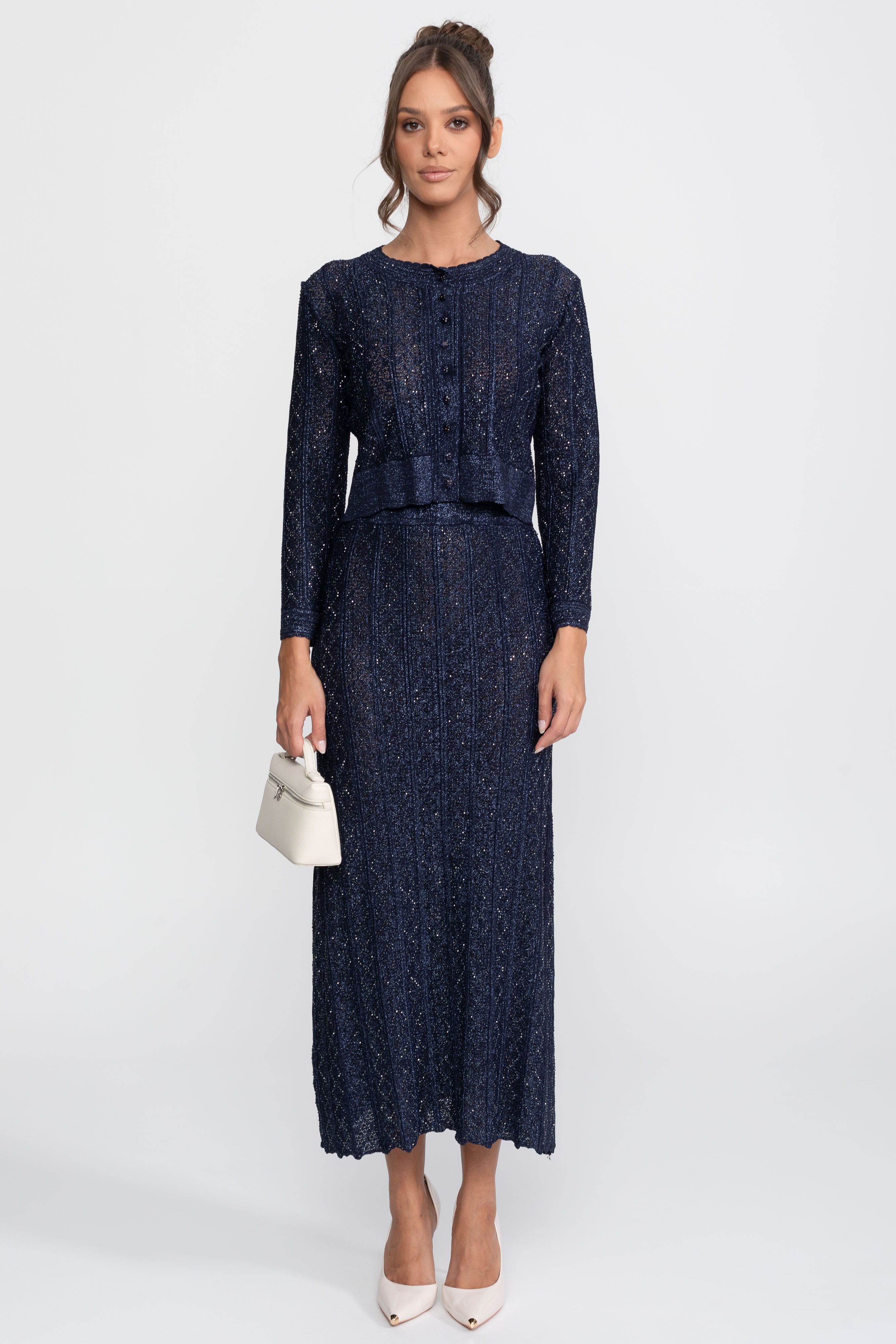 Set Co-Ord din dantelă cu model diamant și mânecă lungă, cu fustă maxi - Navy 