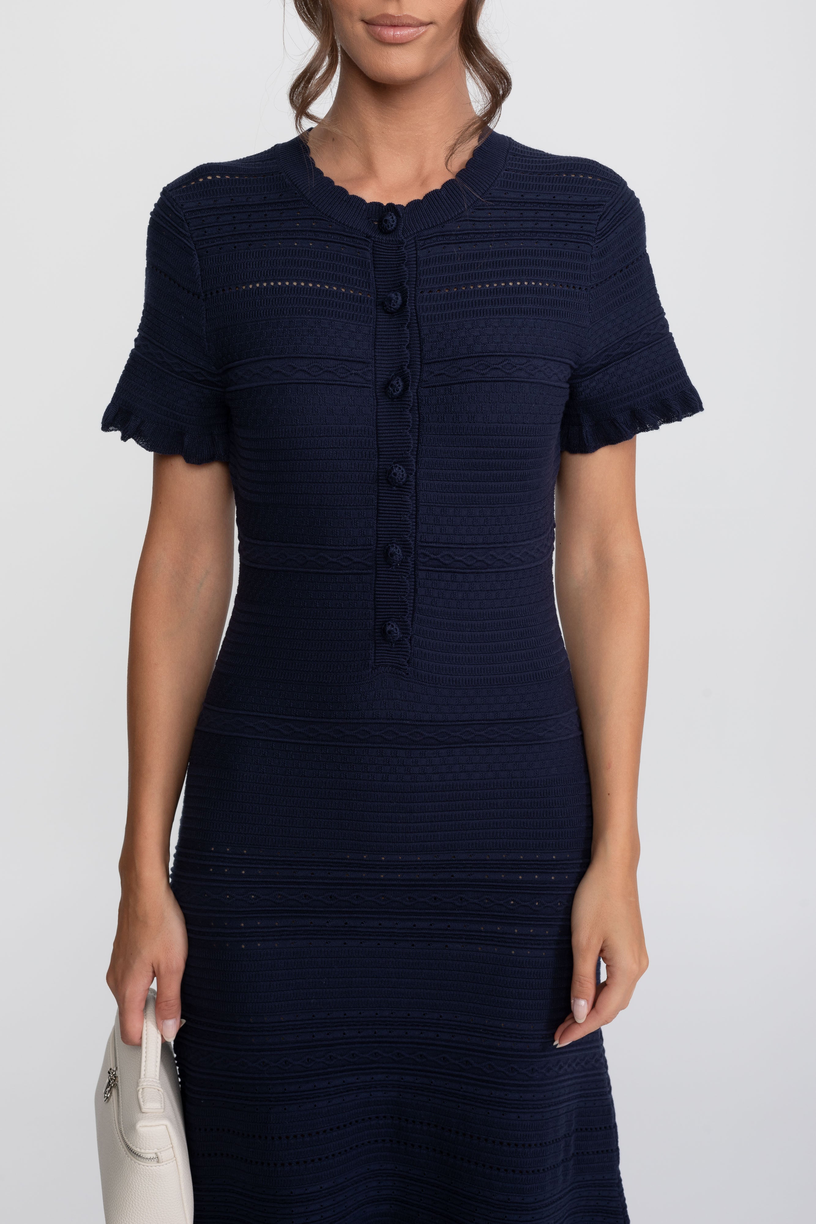 Rochie midi tricotată cu tiv în volane și închidere cu nasturi în față - Navy 