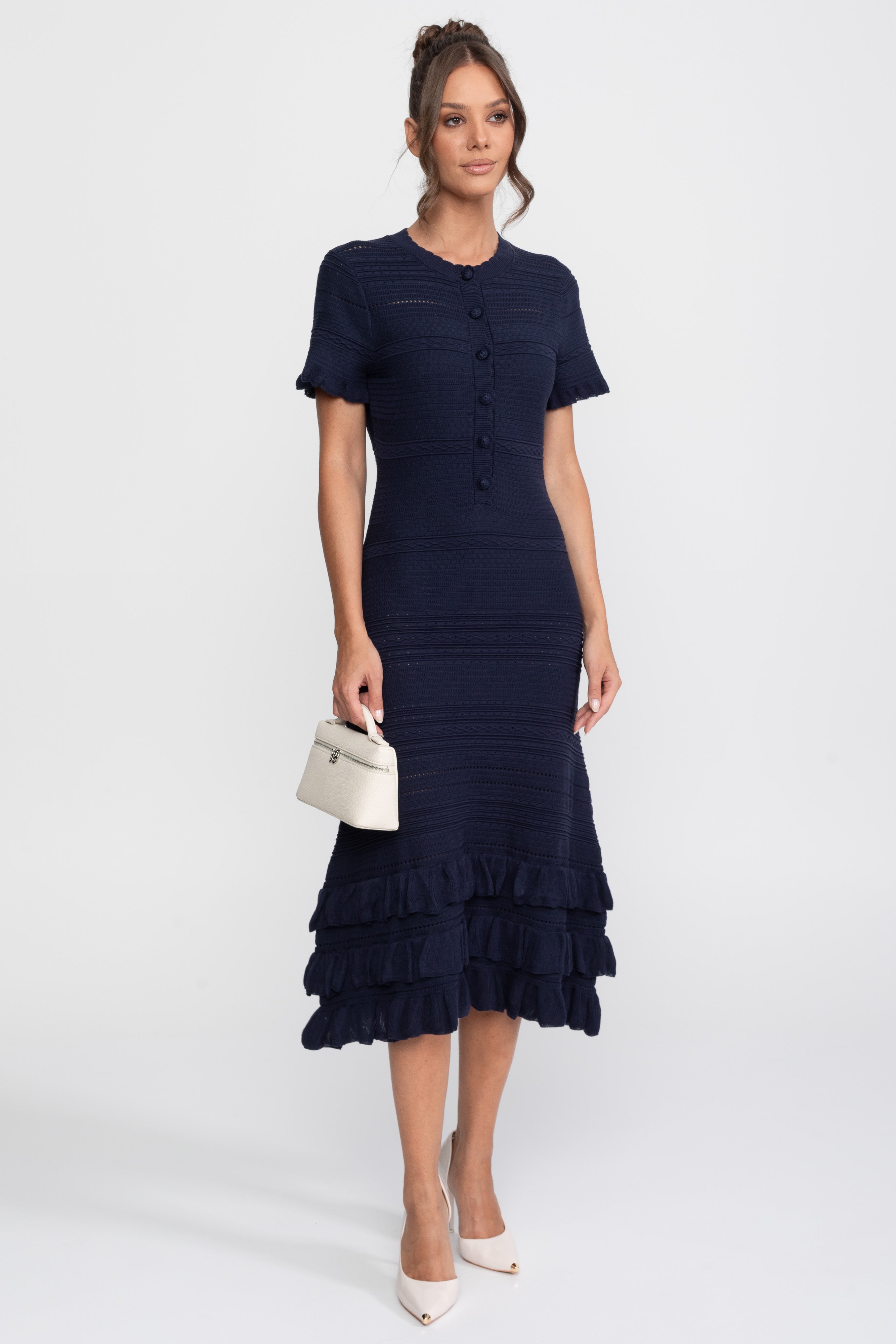 Rochie midi tricotată cu tiv în volane și închidere cu nasturi în față - Navy 