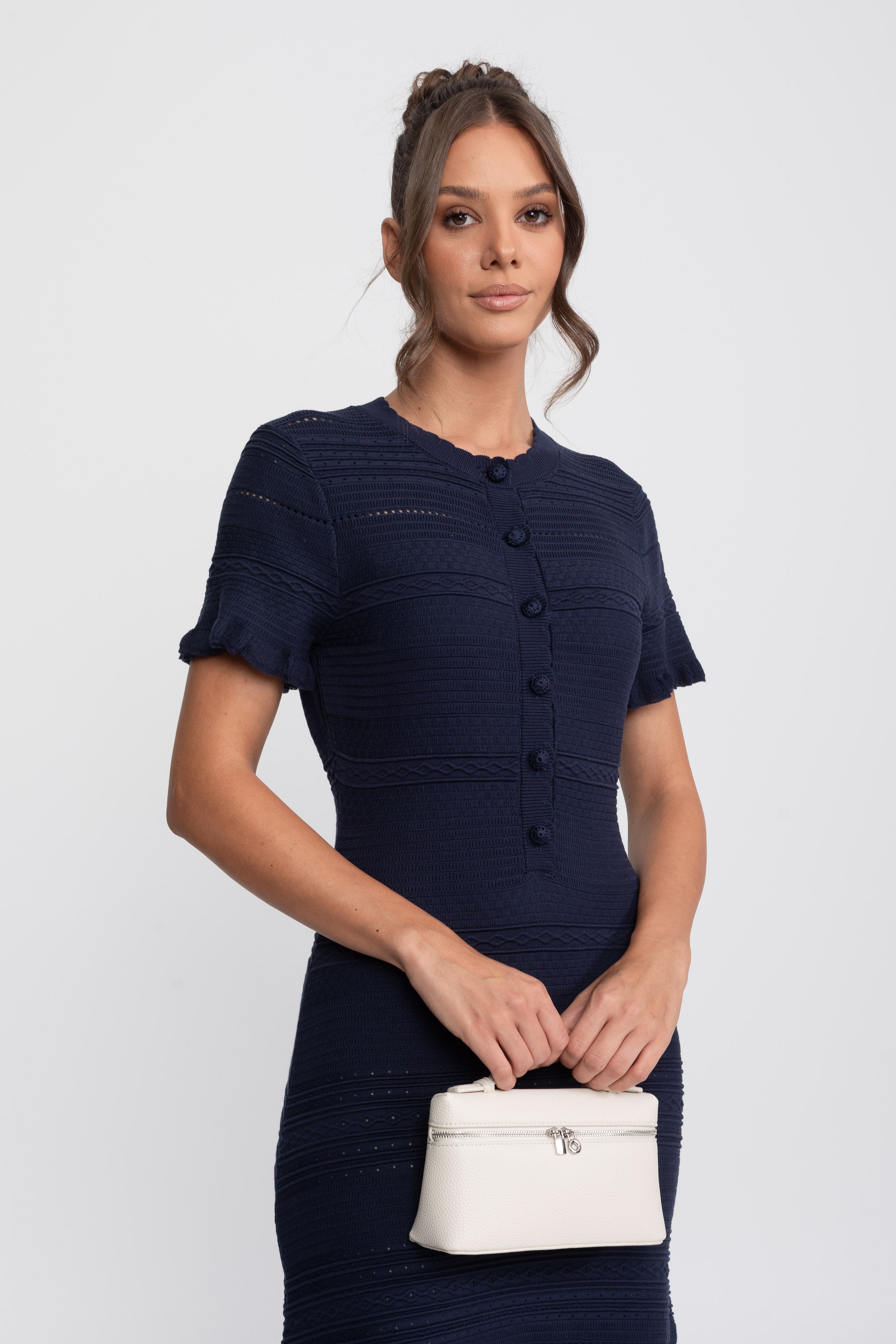 Rochie midi tricotată cu tiv în volane și închidere cu nasturi în față - Navy 