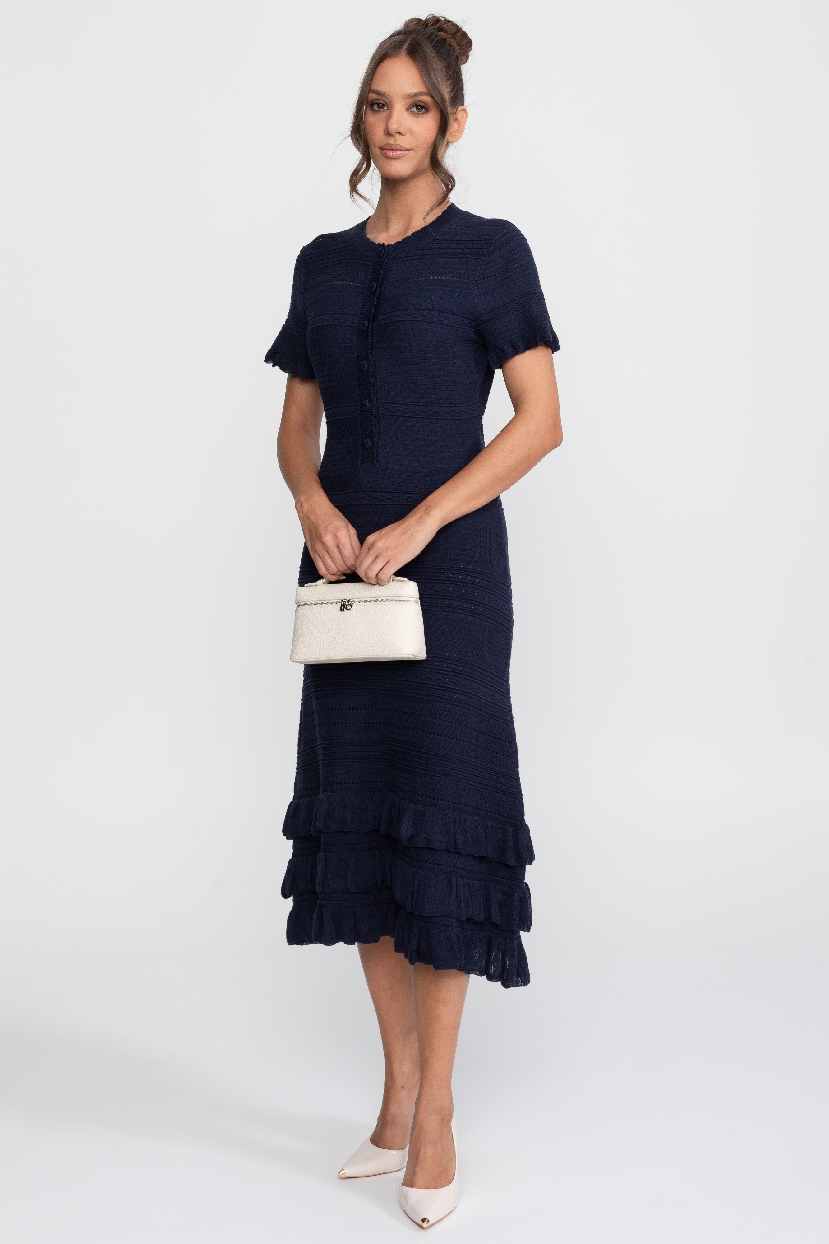 Rochie midi tricotată cu tiv în volane și închidere cu nasturi în față - Navy 