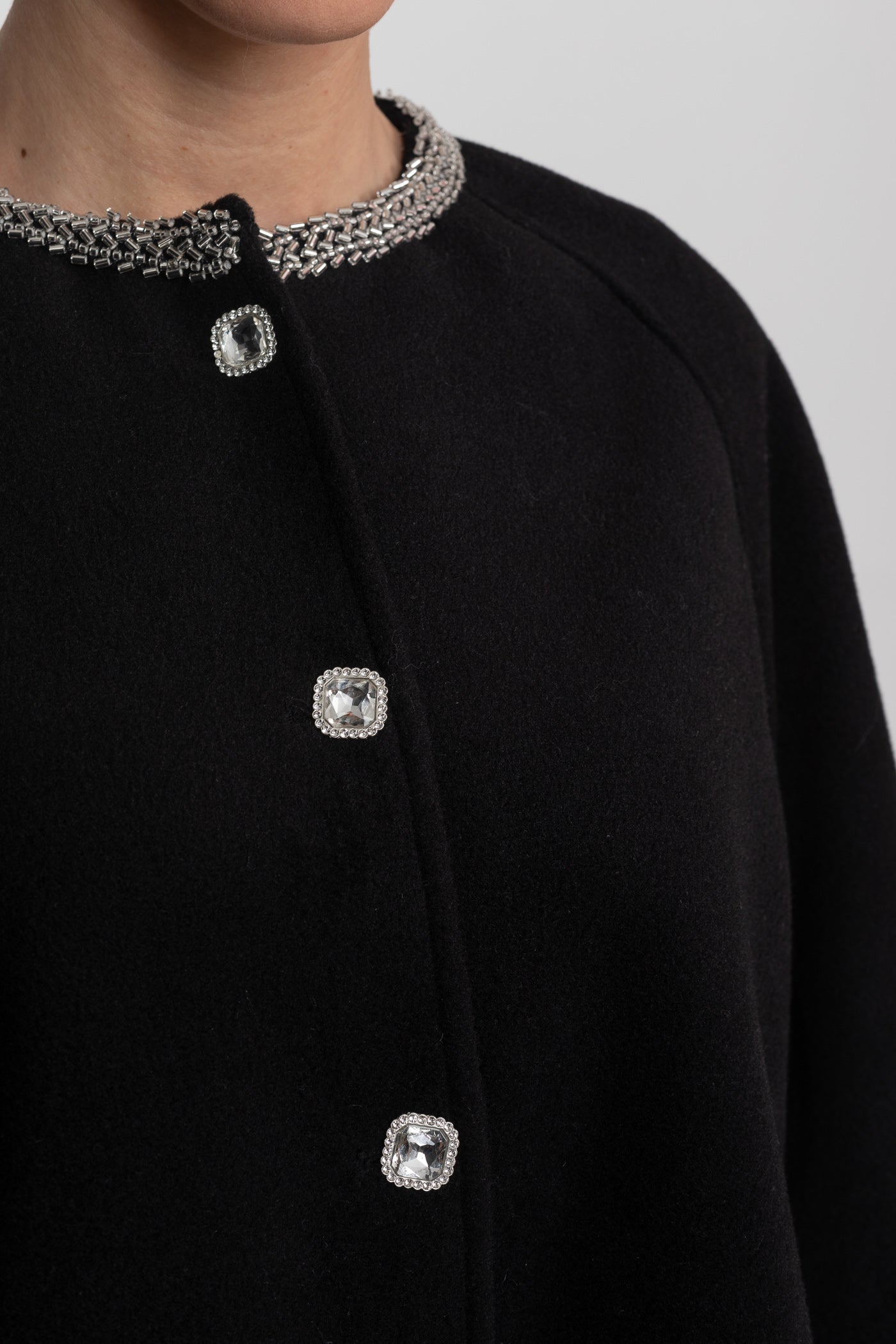 Longline Coat With Pearl Embellished Neckline And Fur Cuffs - Black