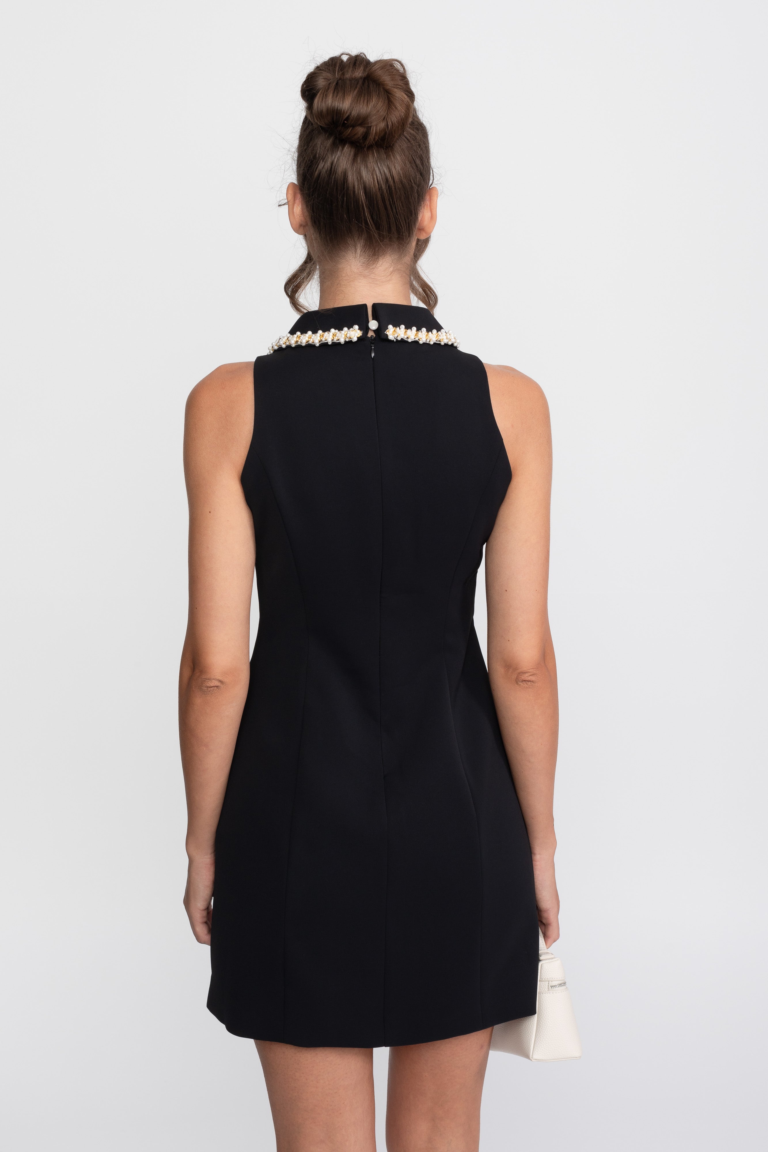 Sleeveless Pearl-Trimmed Collar Mini Dress - Black