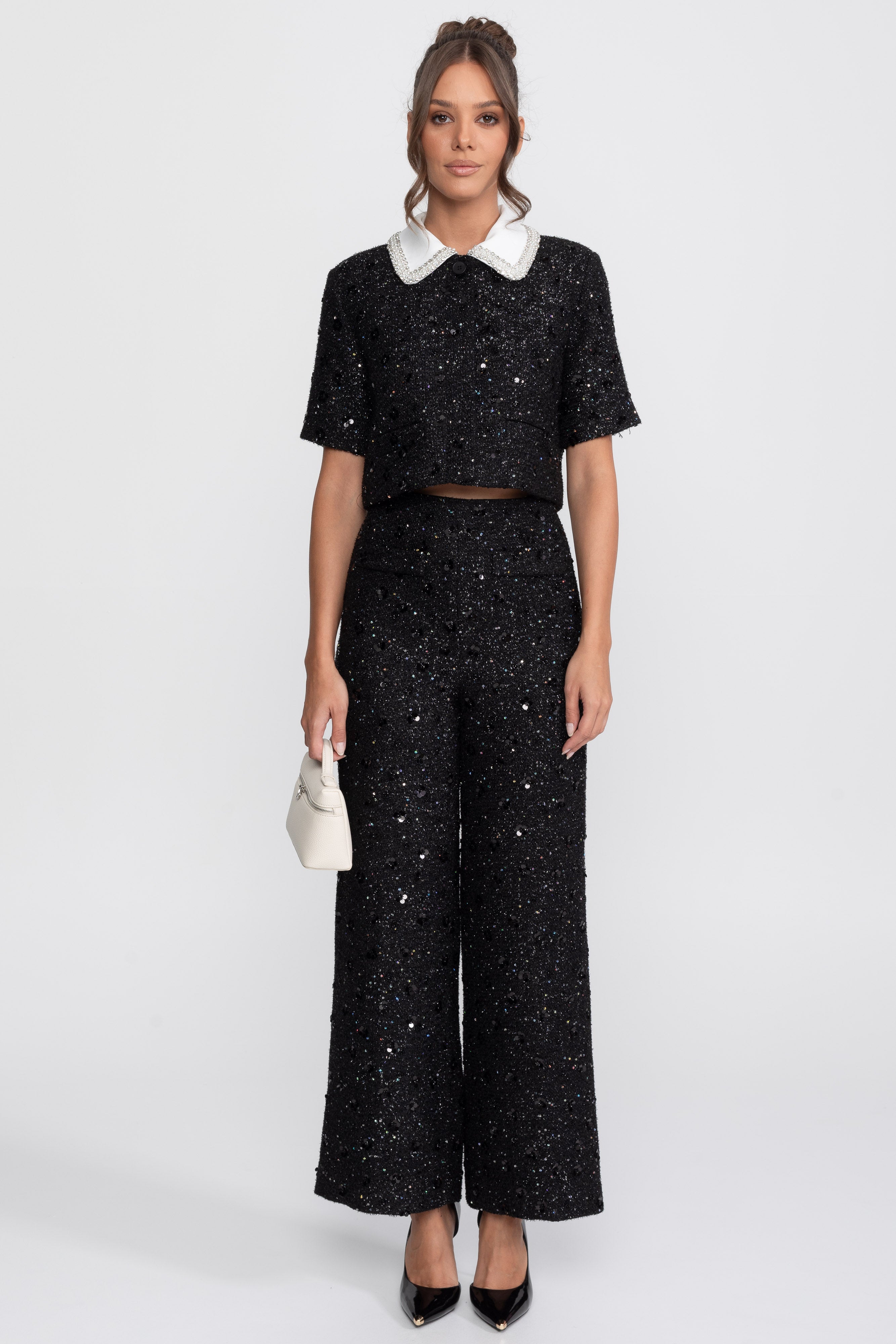 Wide-Leg Tweed Trousers With Sequin Detail - Black