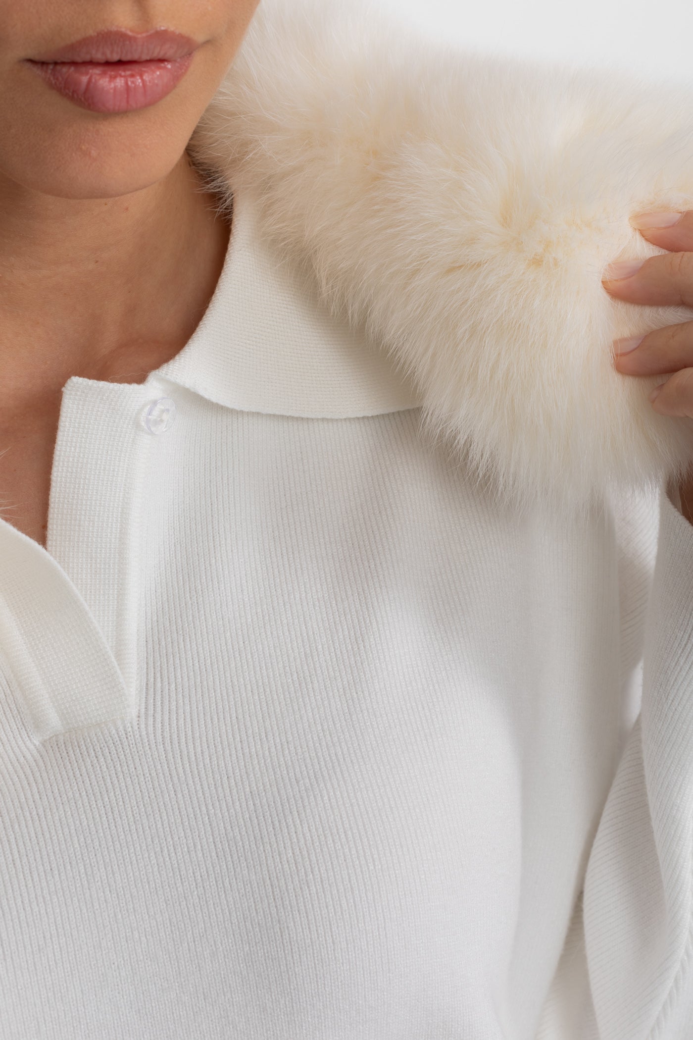 Knit Lounge Co-Ord Set with Fox Fur Collar – White